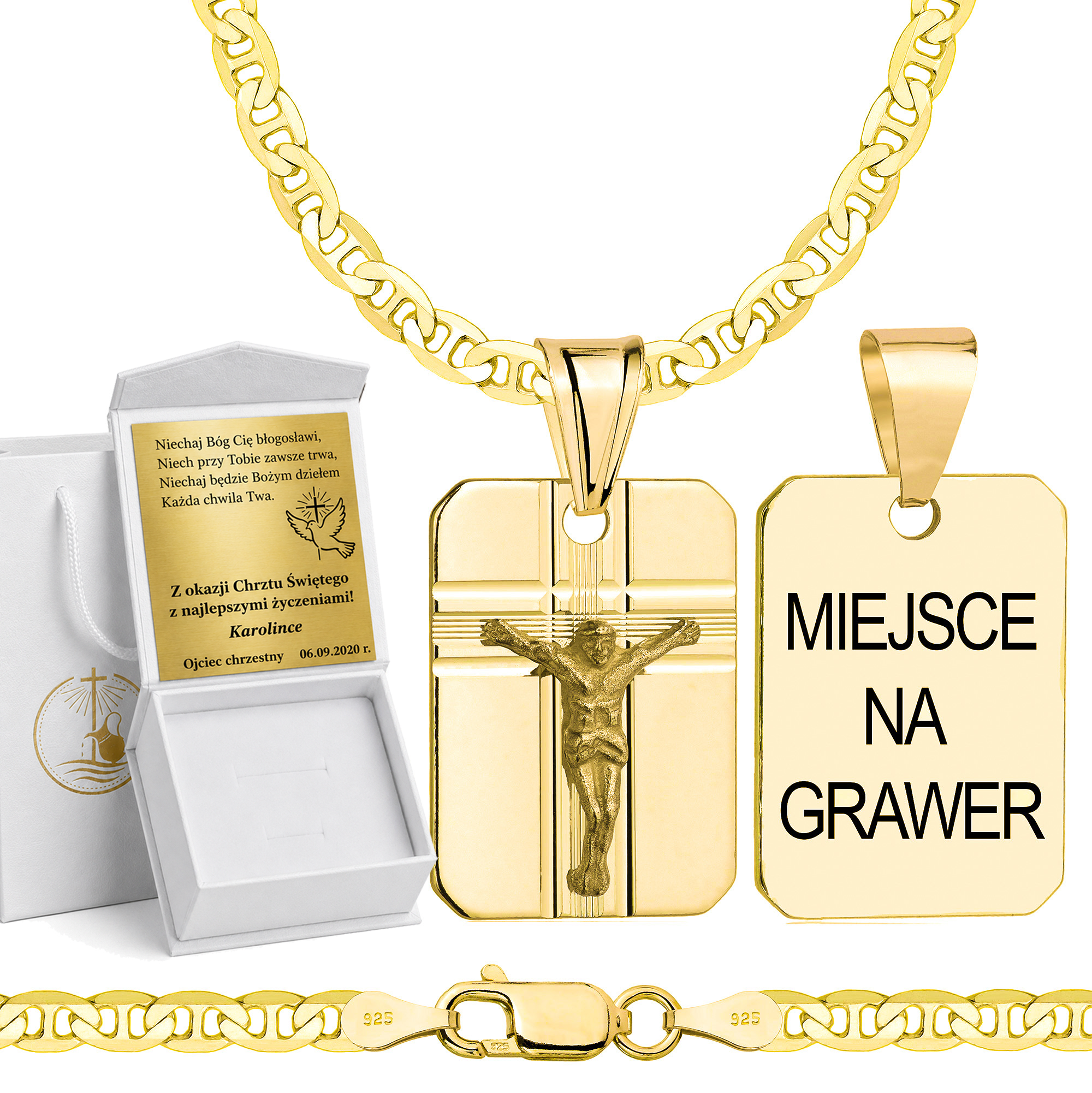 Łańcuszek na Chrzest pozłacany srebrny gucci z medalikiem 3,5mm z grawerowanym pudełeczkiem i zawieszką pr. 925