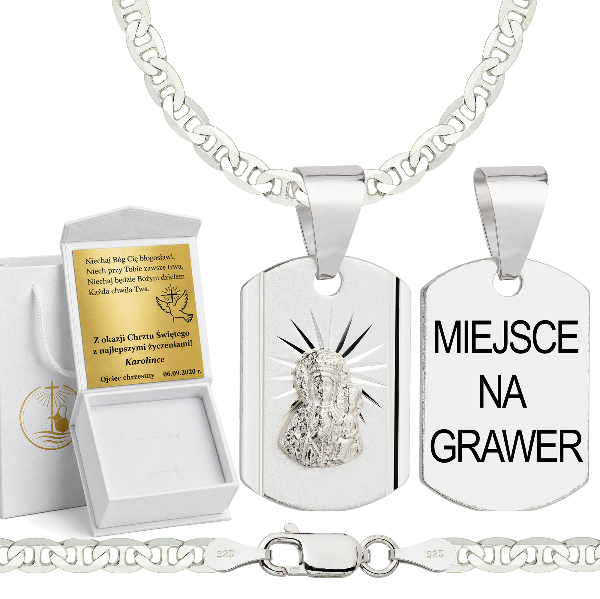 Łańcuszek na Chrzest srebrny z medalikiem gucci 3,5mm z grawerowanym pudełeczkiem i zawieszką pr. 925