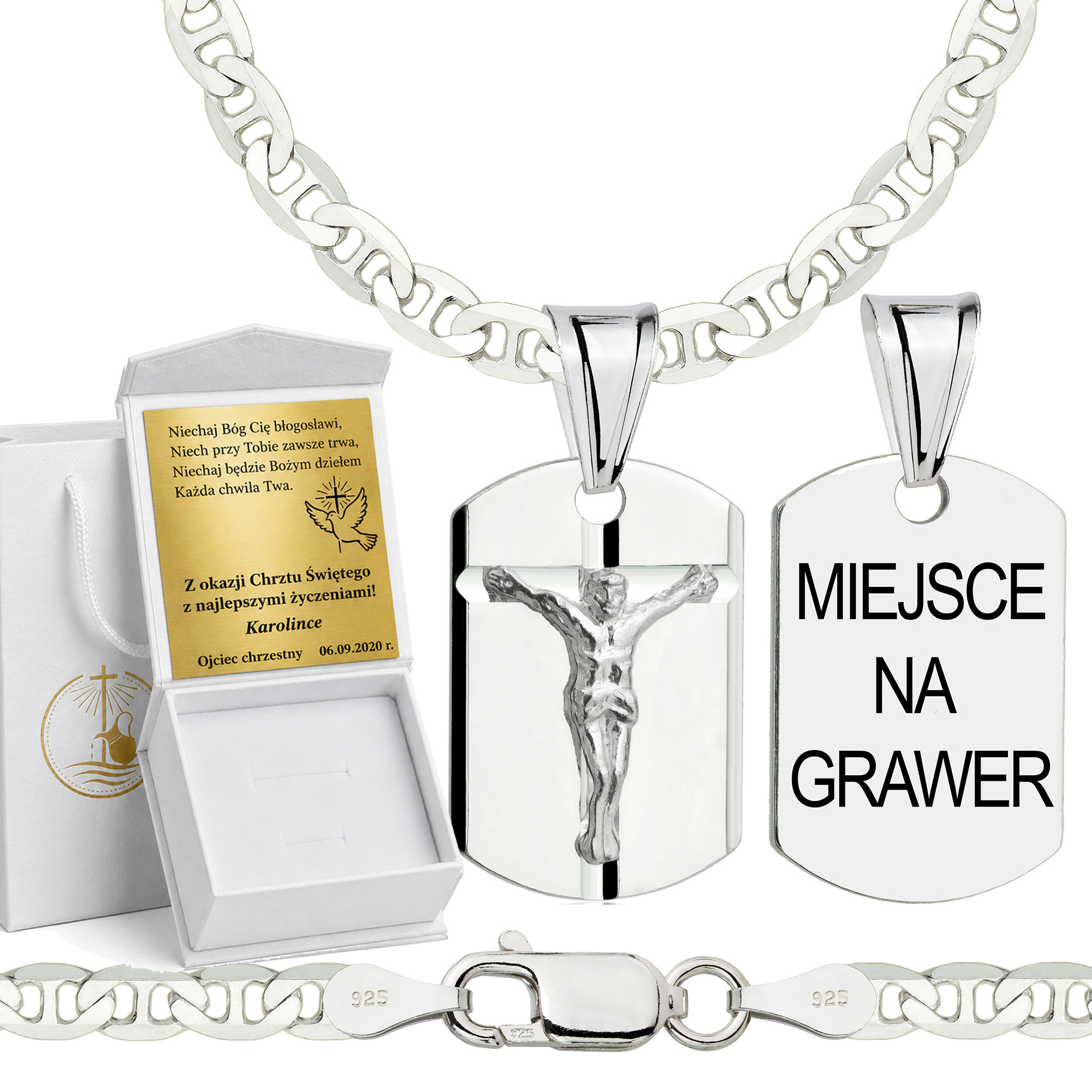 Łańcuszek na Chrzest srebrny z medalikiem gucci 3,5mm z grawerowanym pudełeczkiem i zawieszką pr. 925