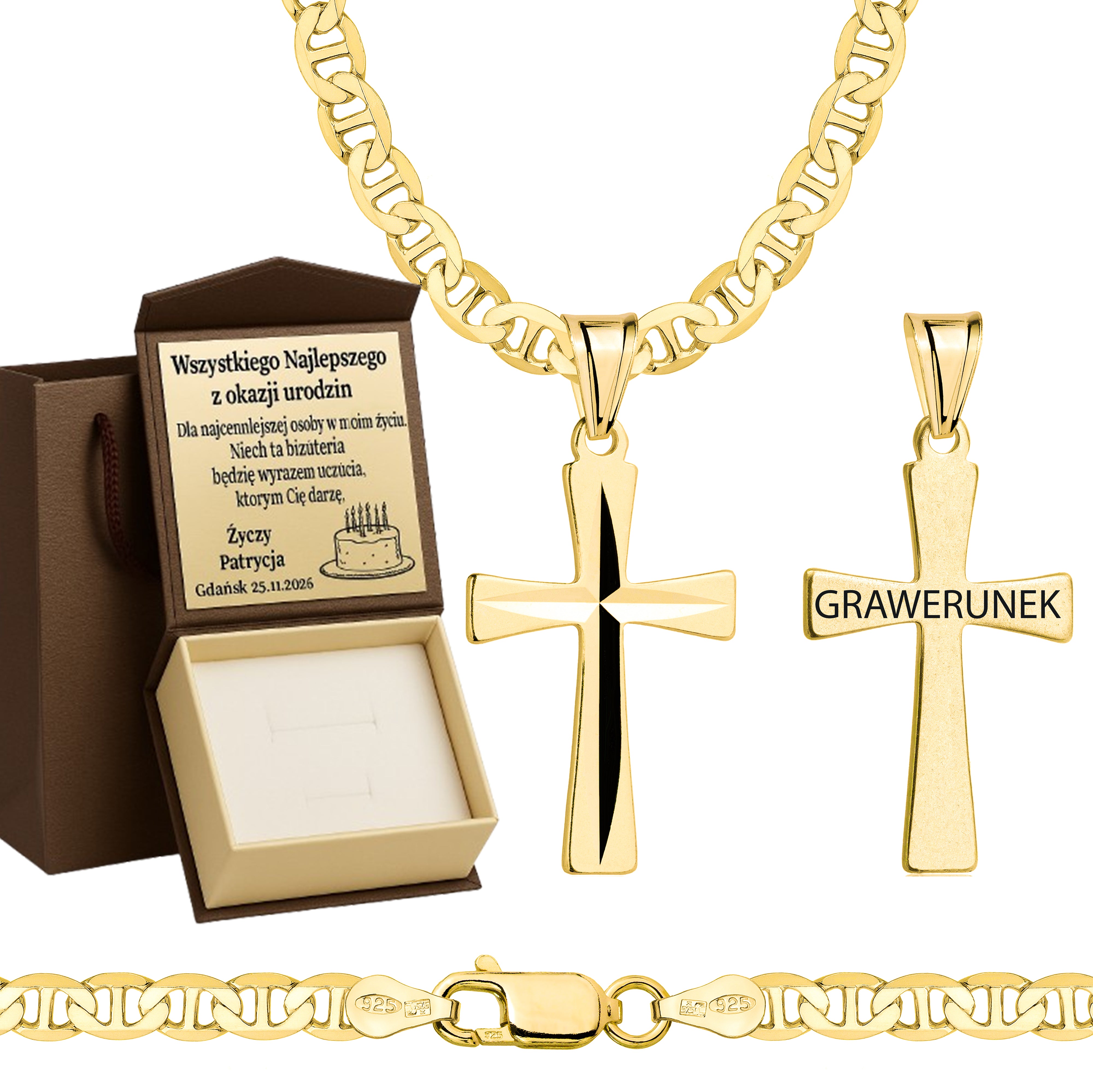 Łańcuszek pozłacany srebrny z krzyżykiem gucci 4,5mm pr. 925