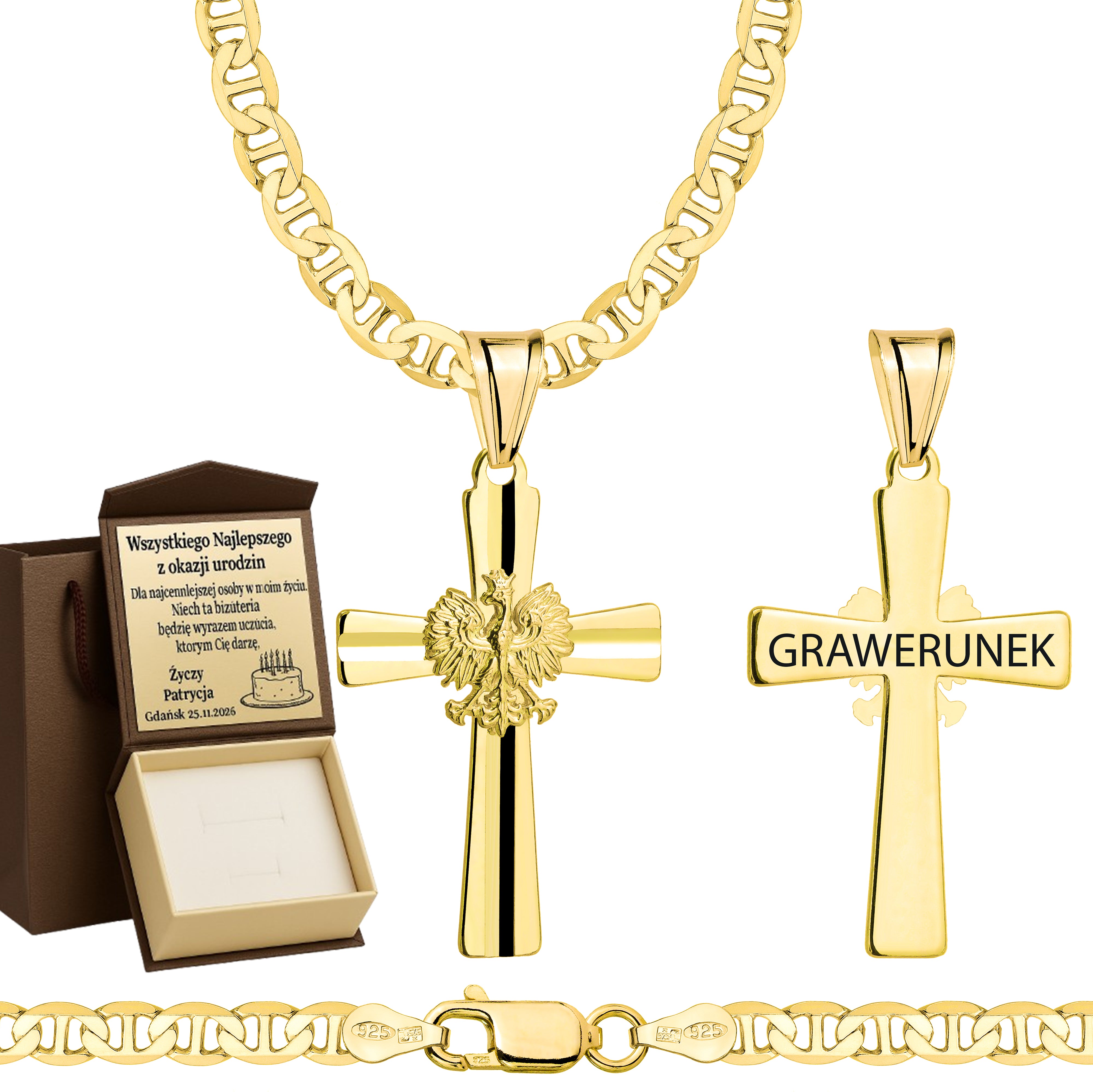 Łańcuszek pozłacany srebrny z krzyżykiem gucci 4,5mm pr. 925