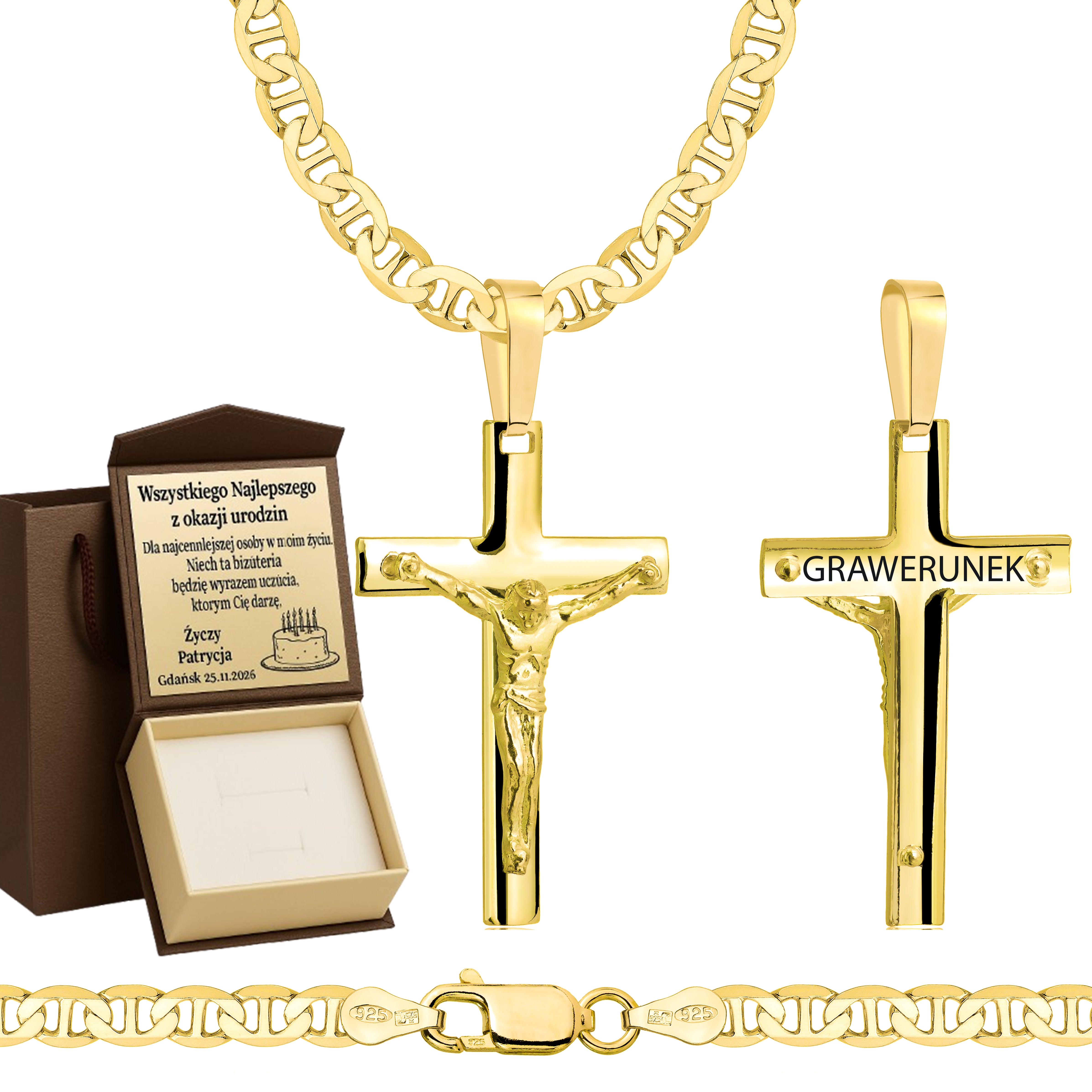 Łańcuszek pozłacany srebrny z krzyżykiem gucci 4,5mm pr. 925