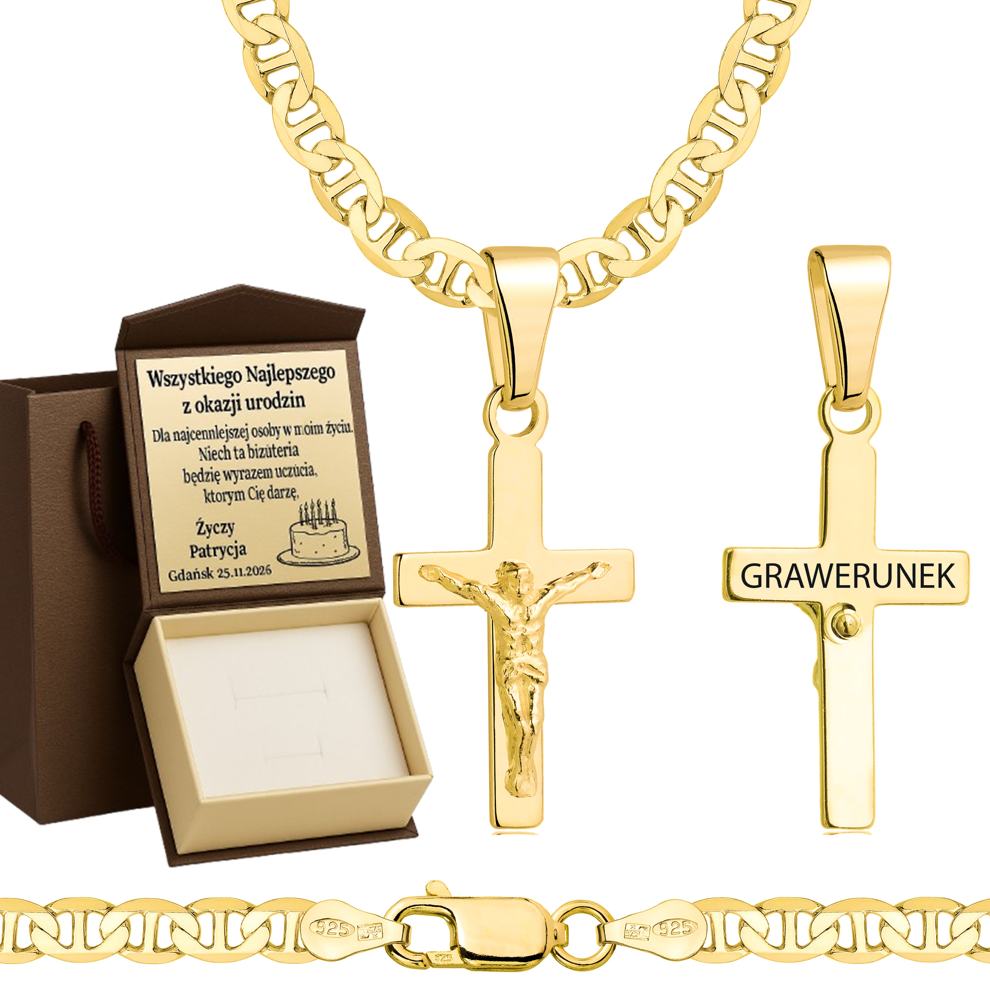 Łańcuszek pozłacany srebrny z krzyżykiem gucci 4,5mm pr. 925