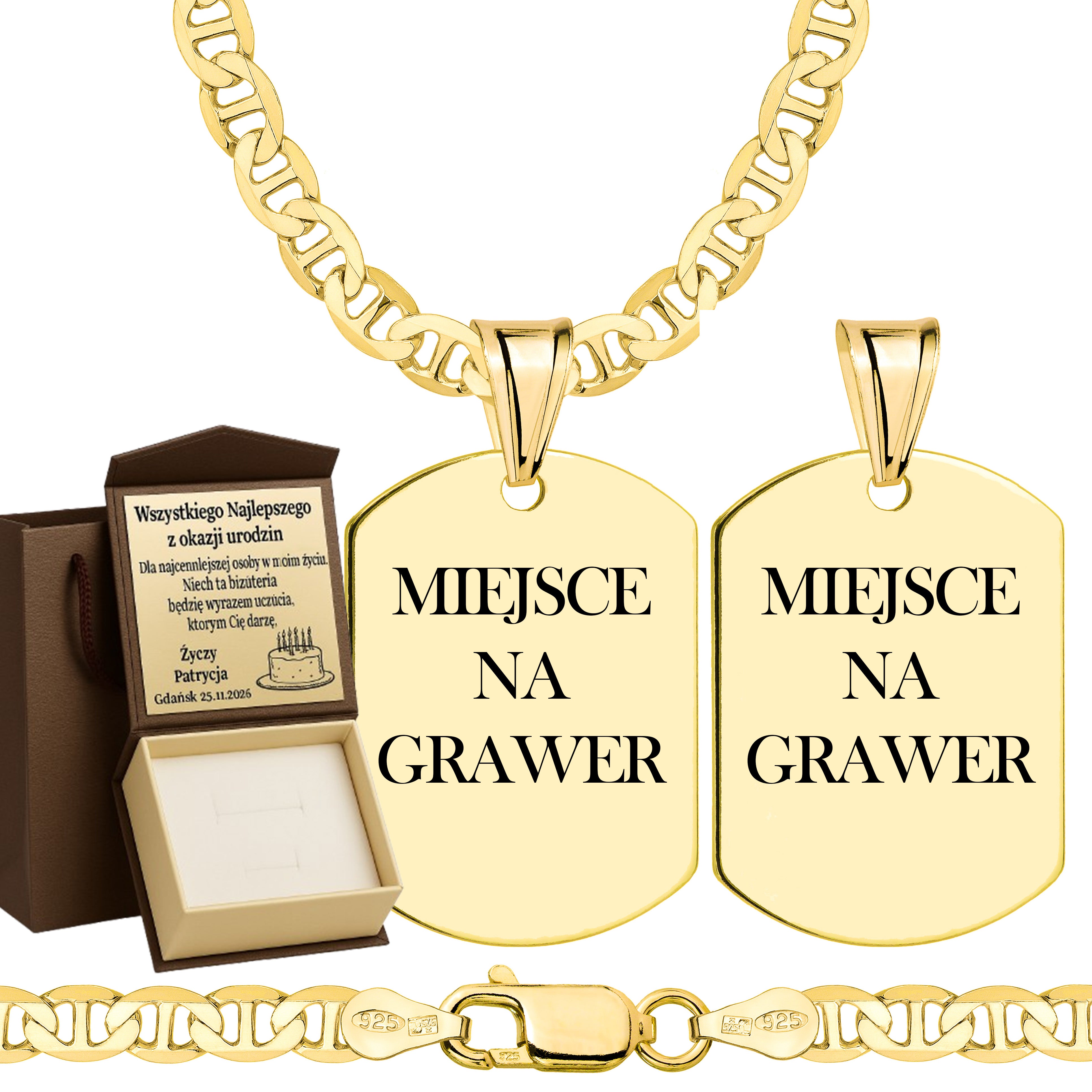 Łańcuszek pozłacany srebrny z nieśmiertelnikiem gucci 4,5mm pr. 925 585