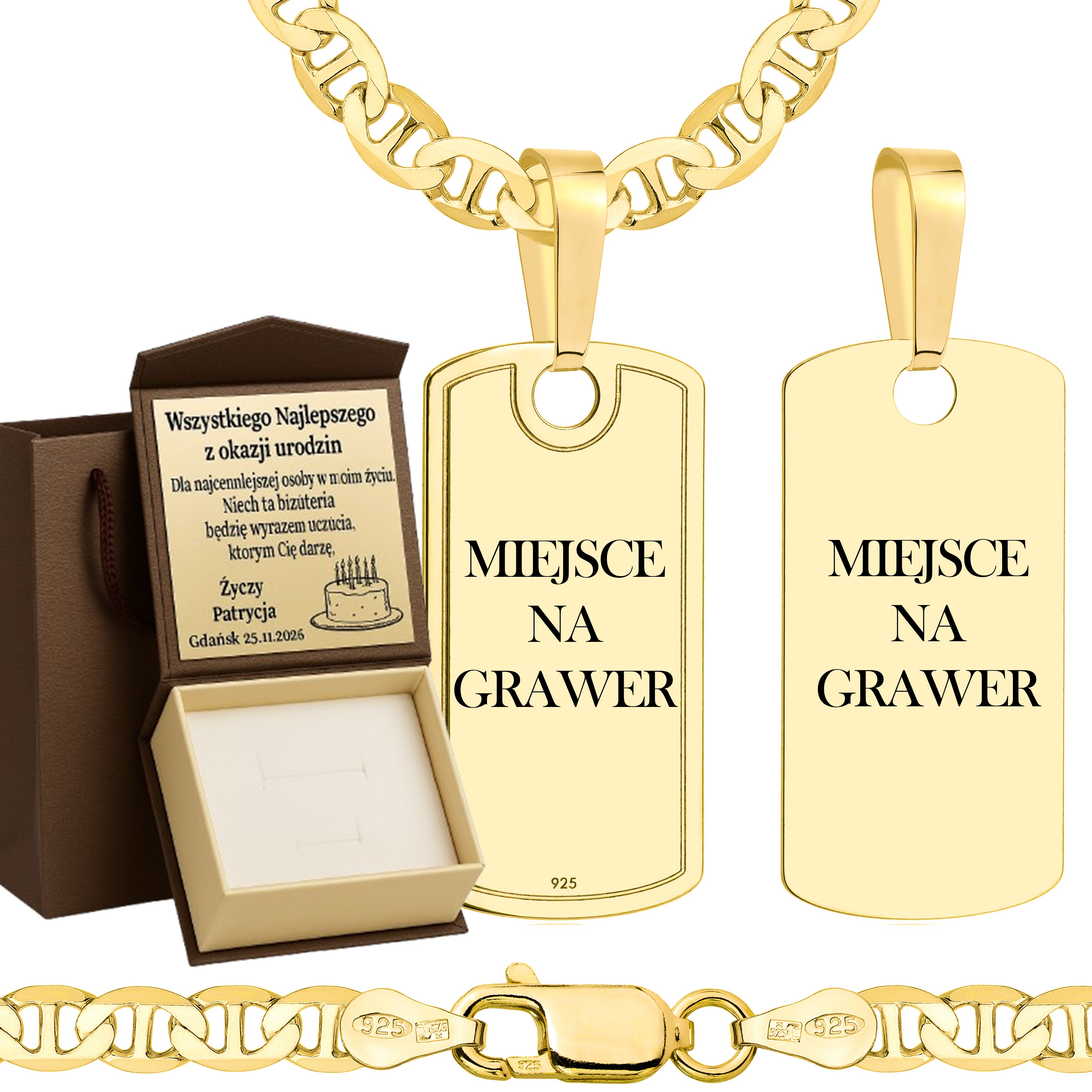 Łańcuszek pozłacany srebrny z nieśmiertelnikiem gucci 4,5mm pr. 925 585