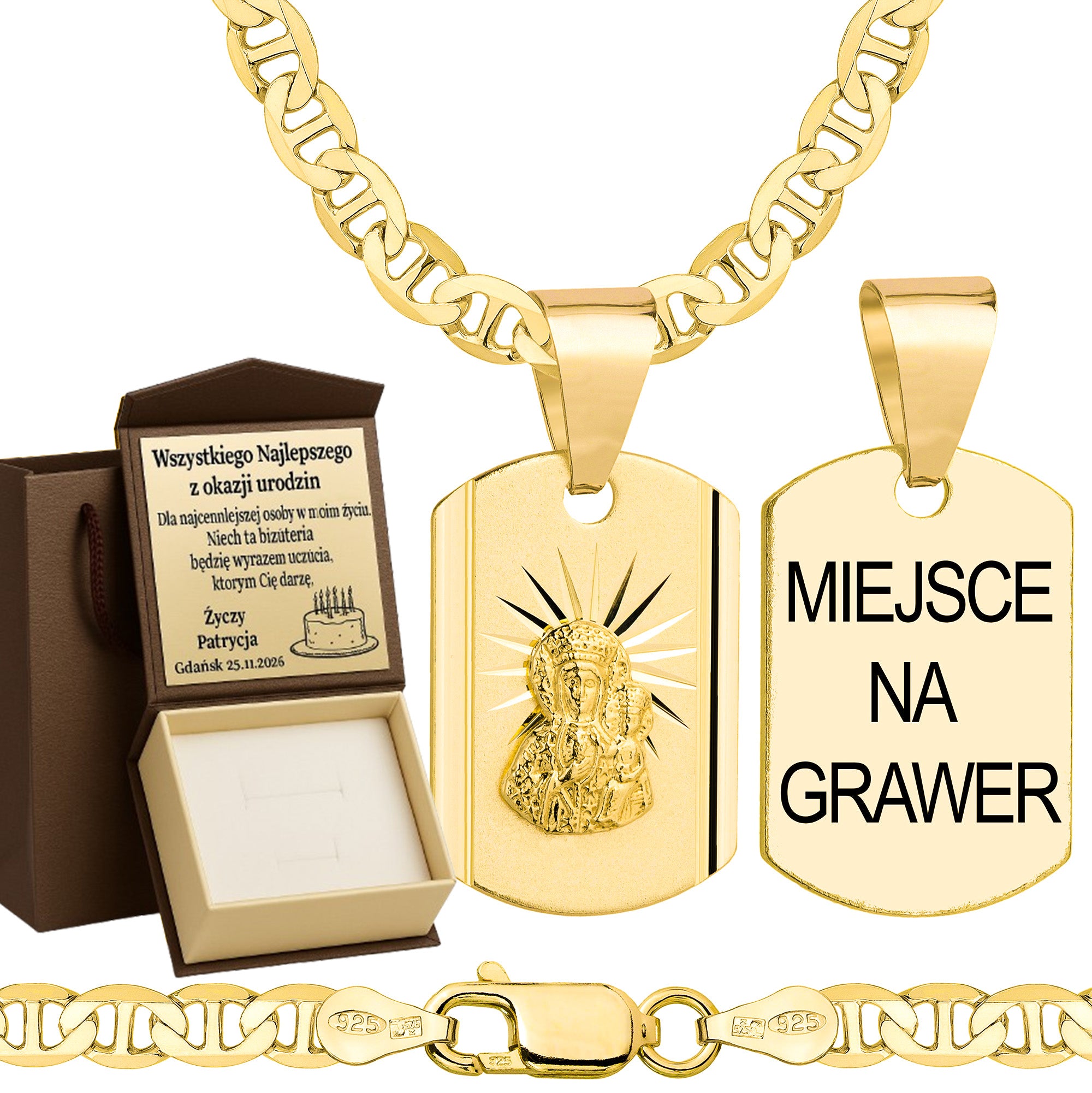 Łańcuszek pozłacany srebrny z medalikiem gucci 4,5mm pr. 925