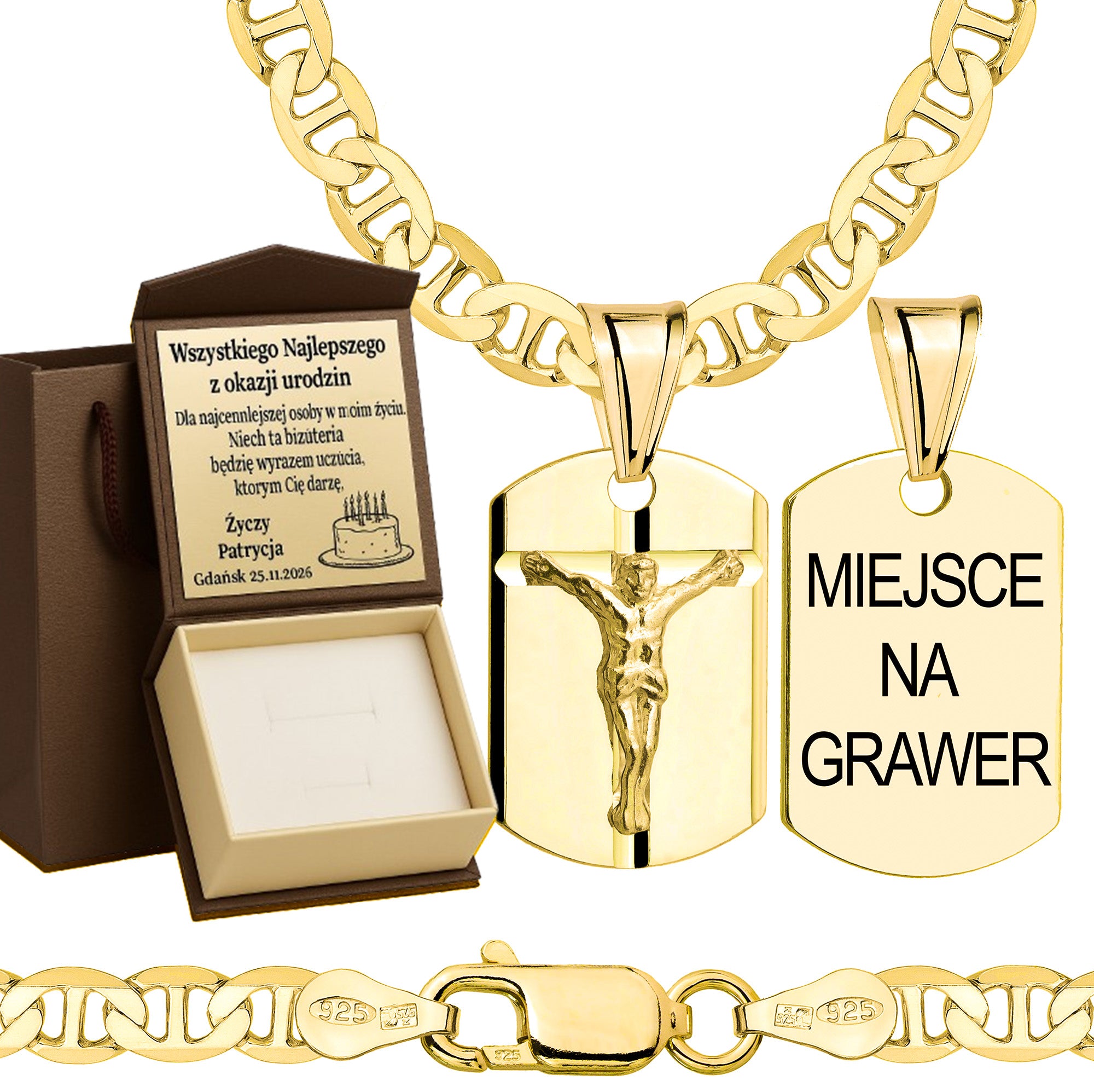 Łańcuszek pozłacany srebrny z medalikiem gucci 4,5mm pr. 925