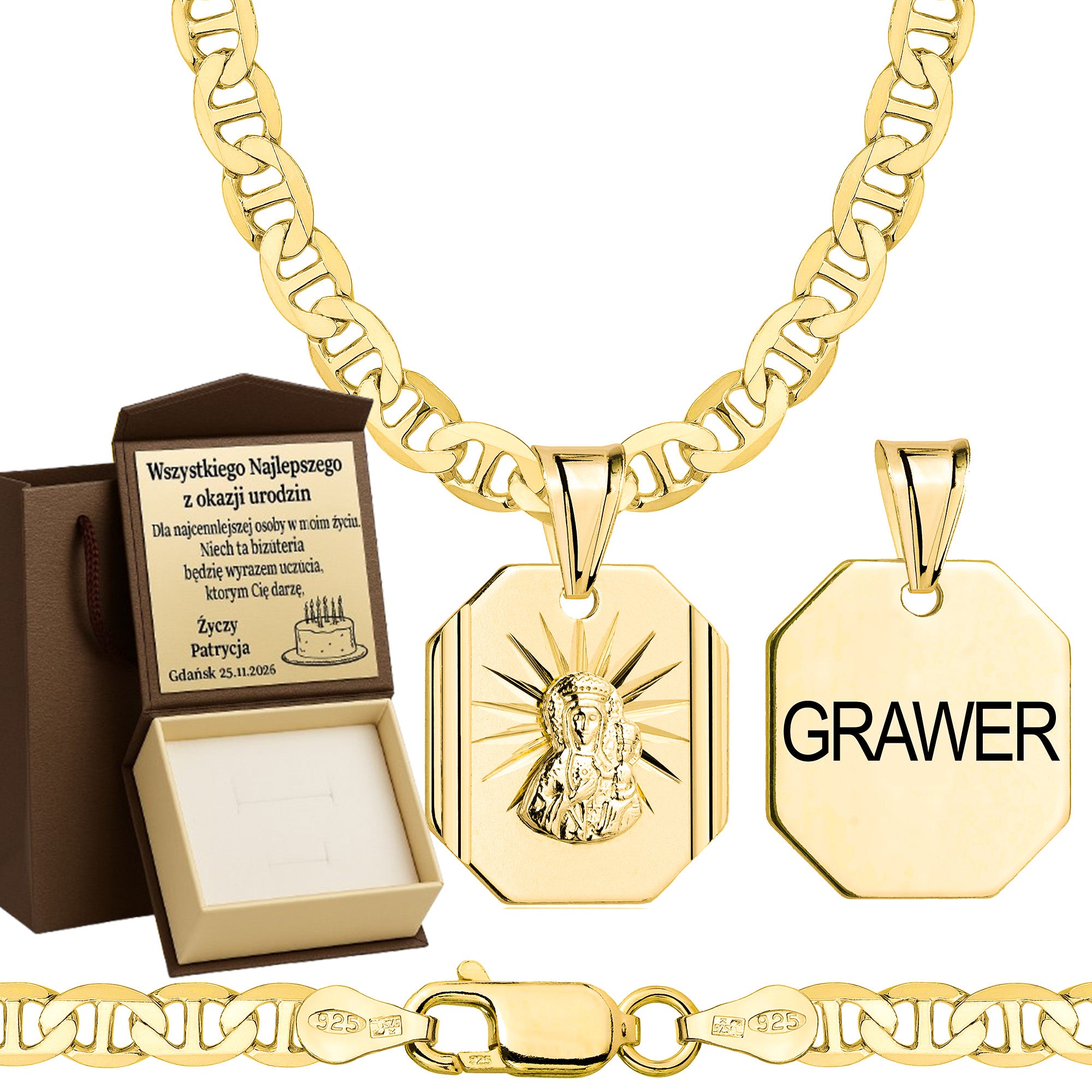 Łańcuszek pozłacany srebrny z medalikiem gucci 4,5mm pr. 925