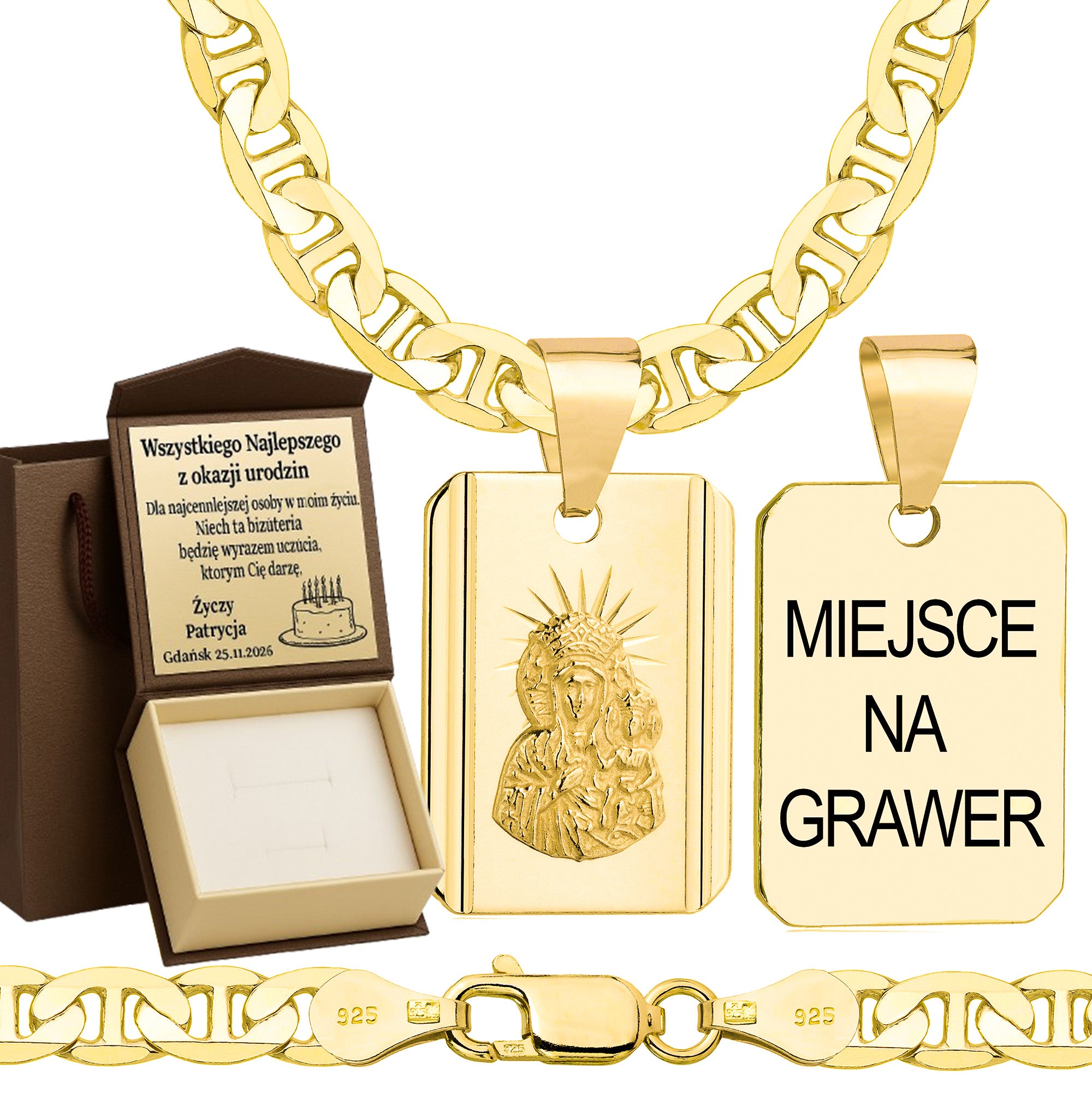 Łańcuszek pozłacany srebrny z medalikiem gucci 5,5mm pr. 925