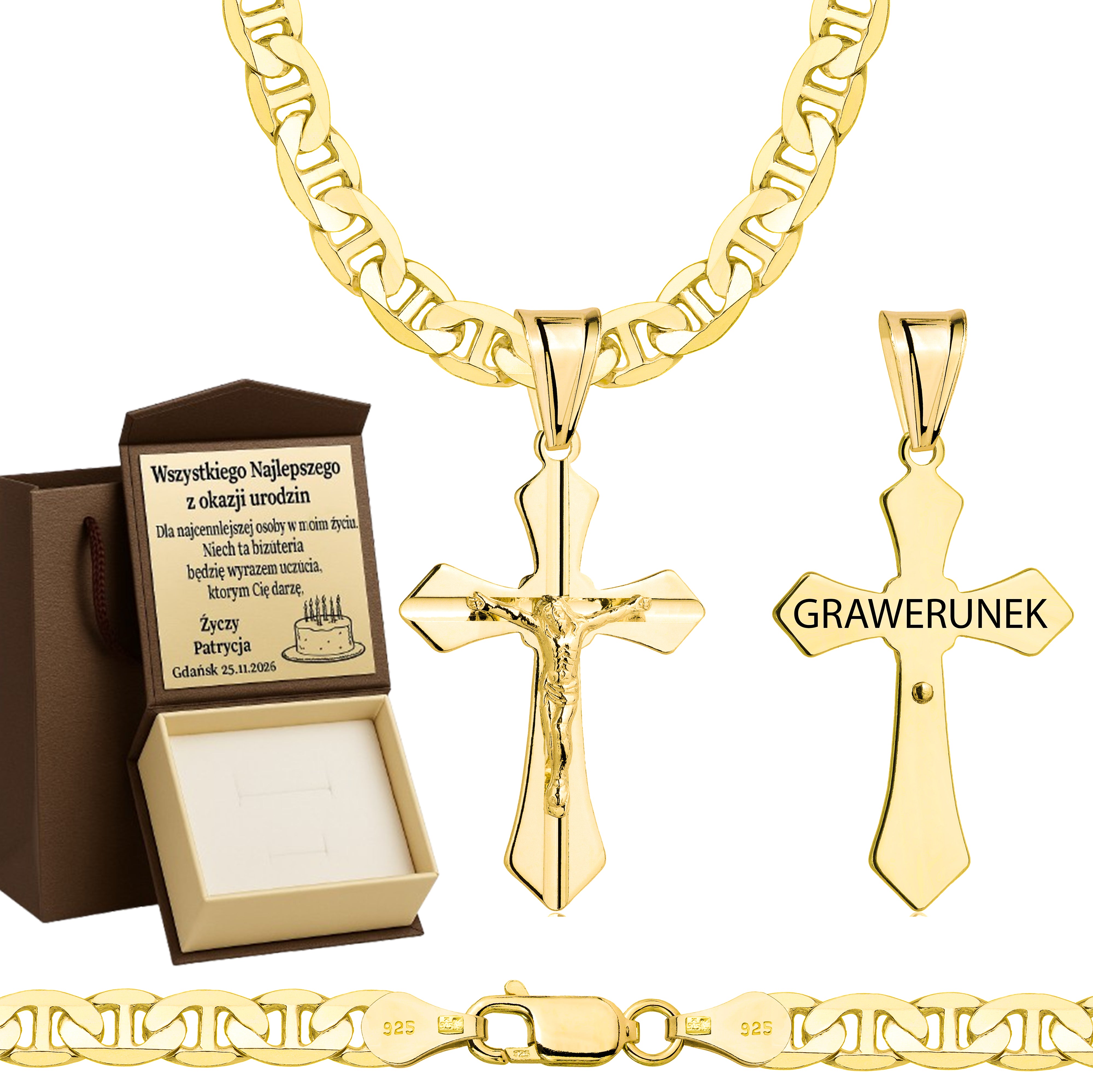 Łańcuszek pozłacany srebrny z krzyżykiem gucci 5,5mm pr. 925