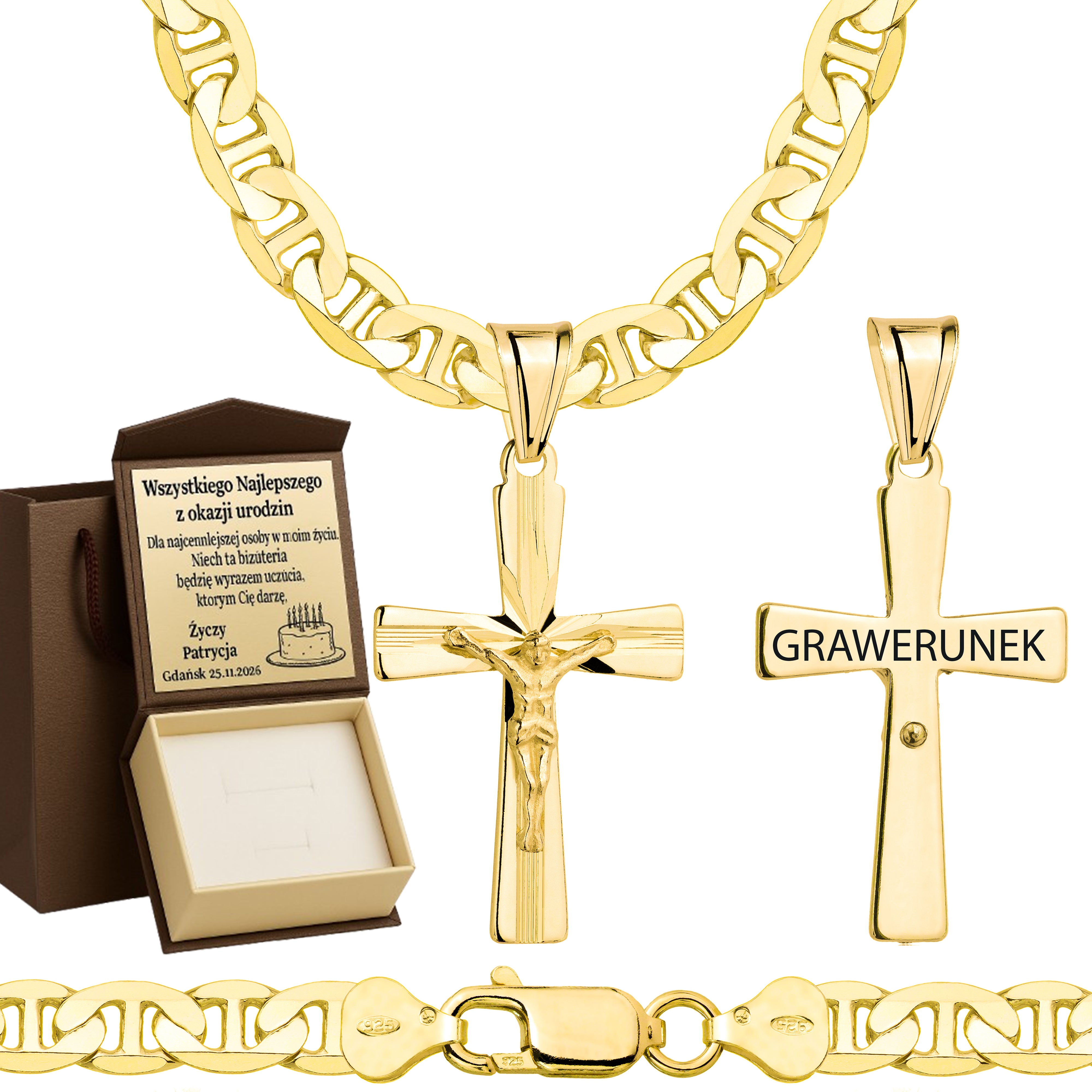 Łańcuszek pozłacany srebrny z krzyżykiem gucci 6,5mm pr. 925