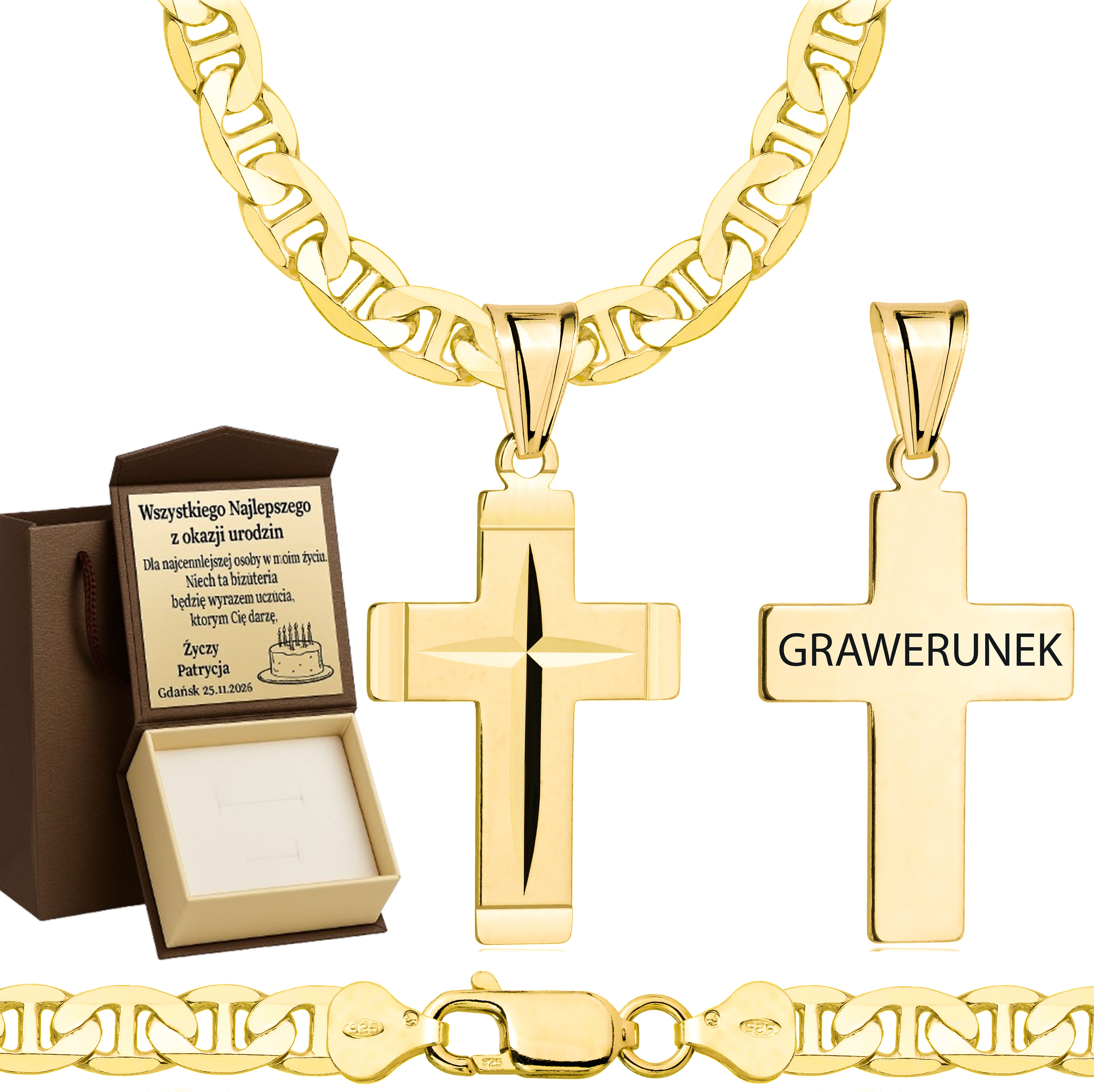 Łańcuszek pozłacany srebrny z krzyżykiem gucci 6,5mm pr. 925