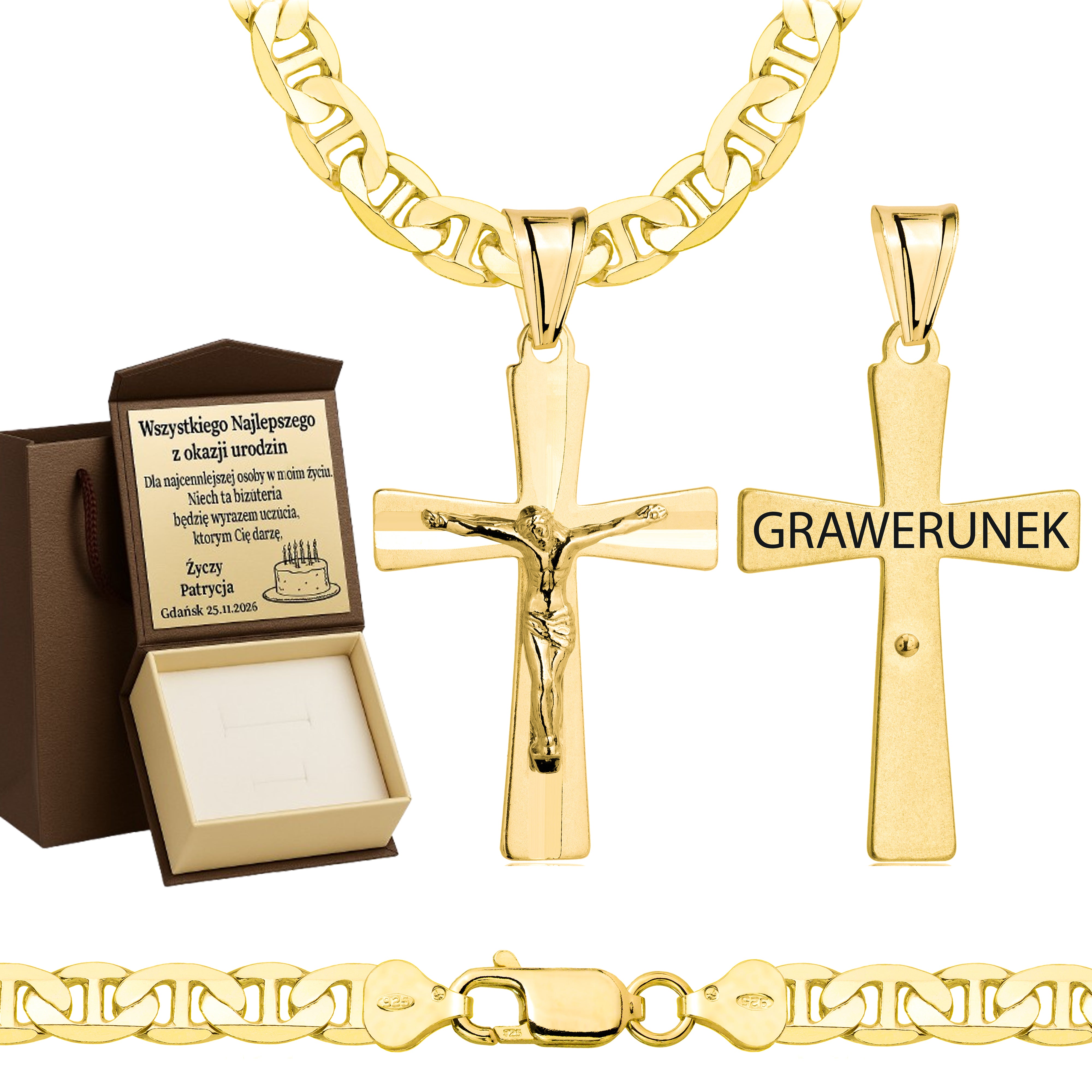 Łańcuszek pozłacany srebrny z krzyżykiem gucci 6,5mm pr. 925