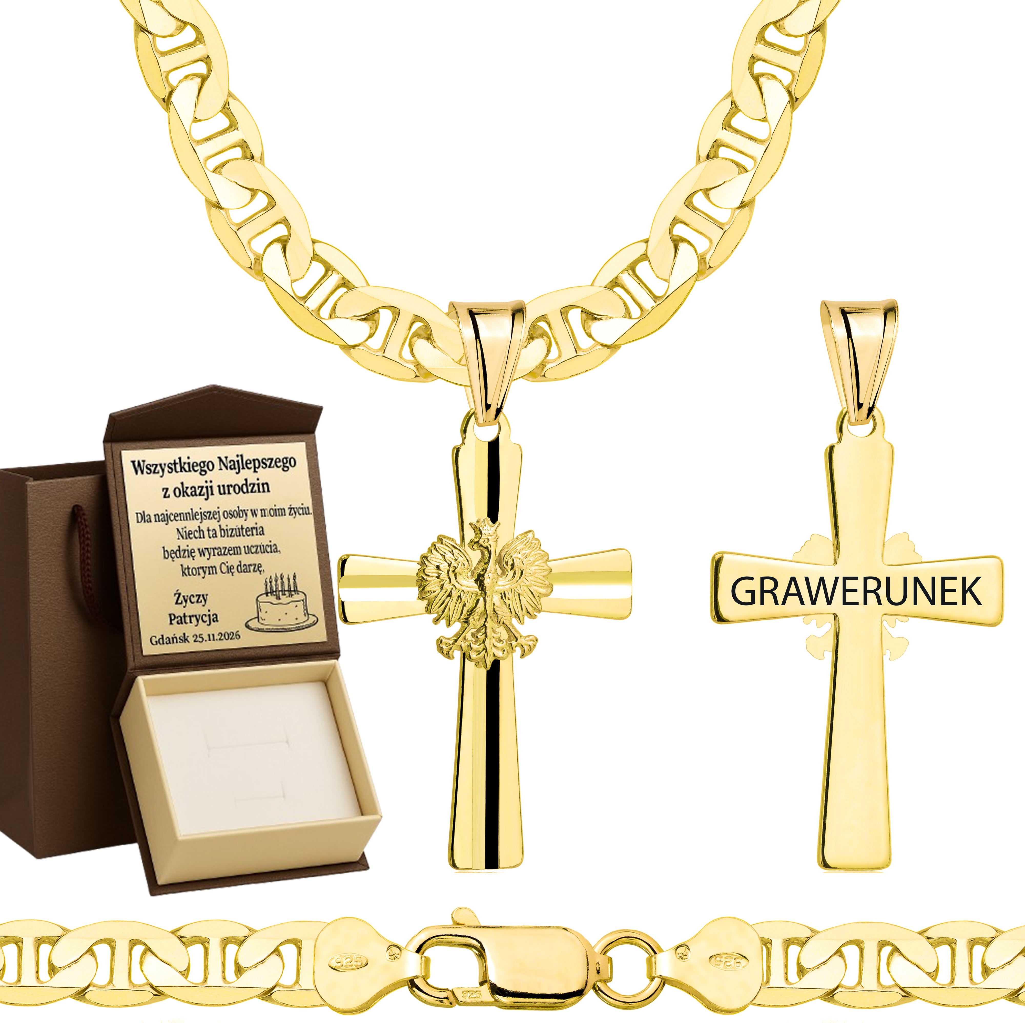 Łańcuszek pozłacany srebrny z krzyżykiem gucci 6,5mm pr. 925