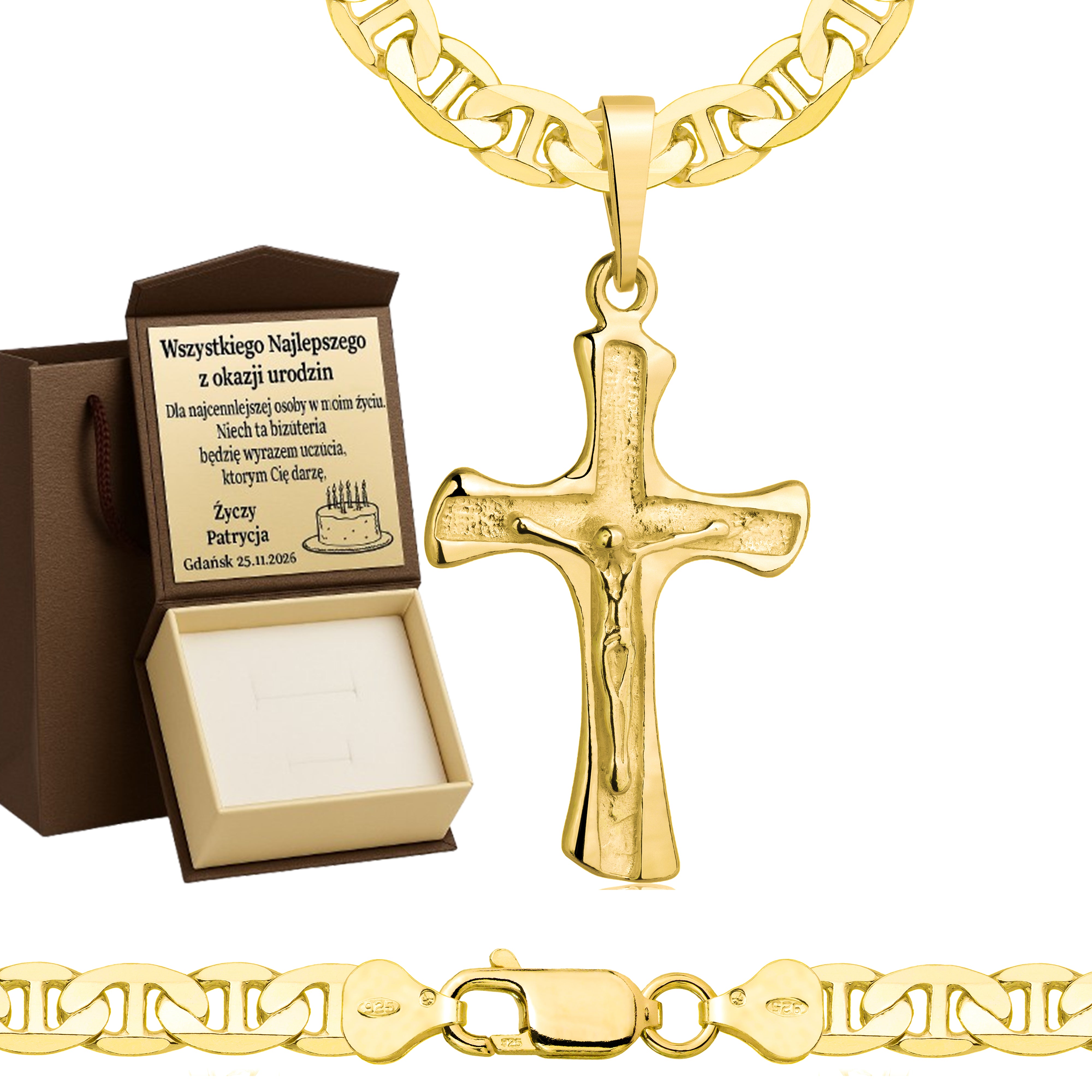 Łańcuszek pozłacany srebrny z krzyżykiem gucci 6,5mm pr. 925
