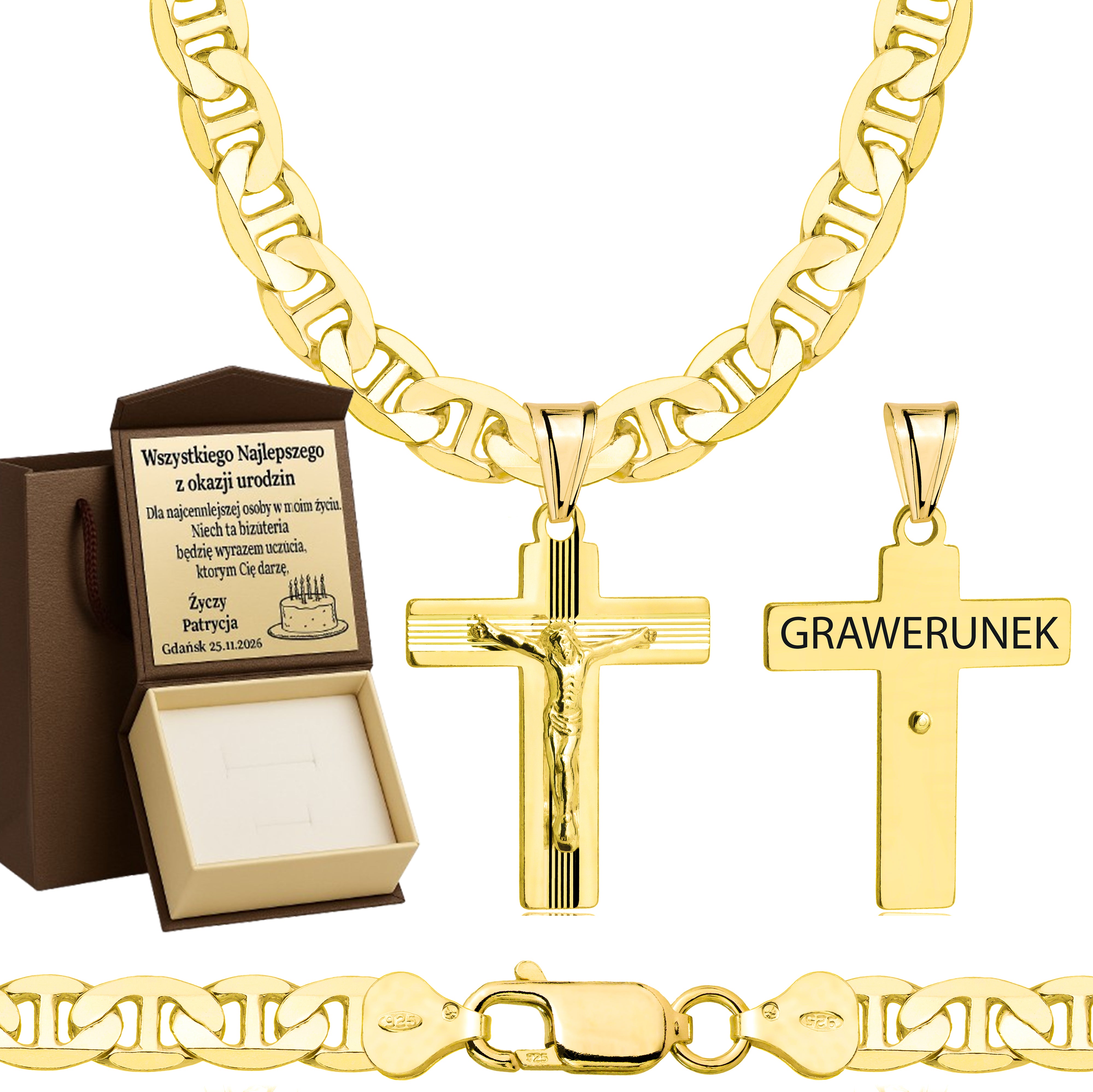 Łańcuszek pozłacany srebrny z krzyżykiem gucci 6,5mm pr. 925