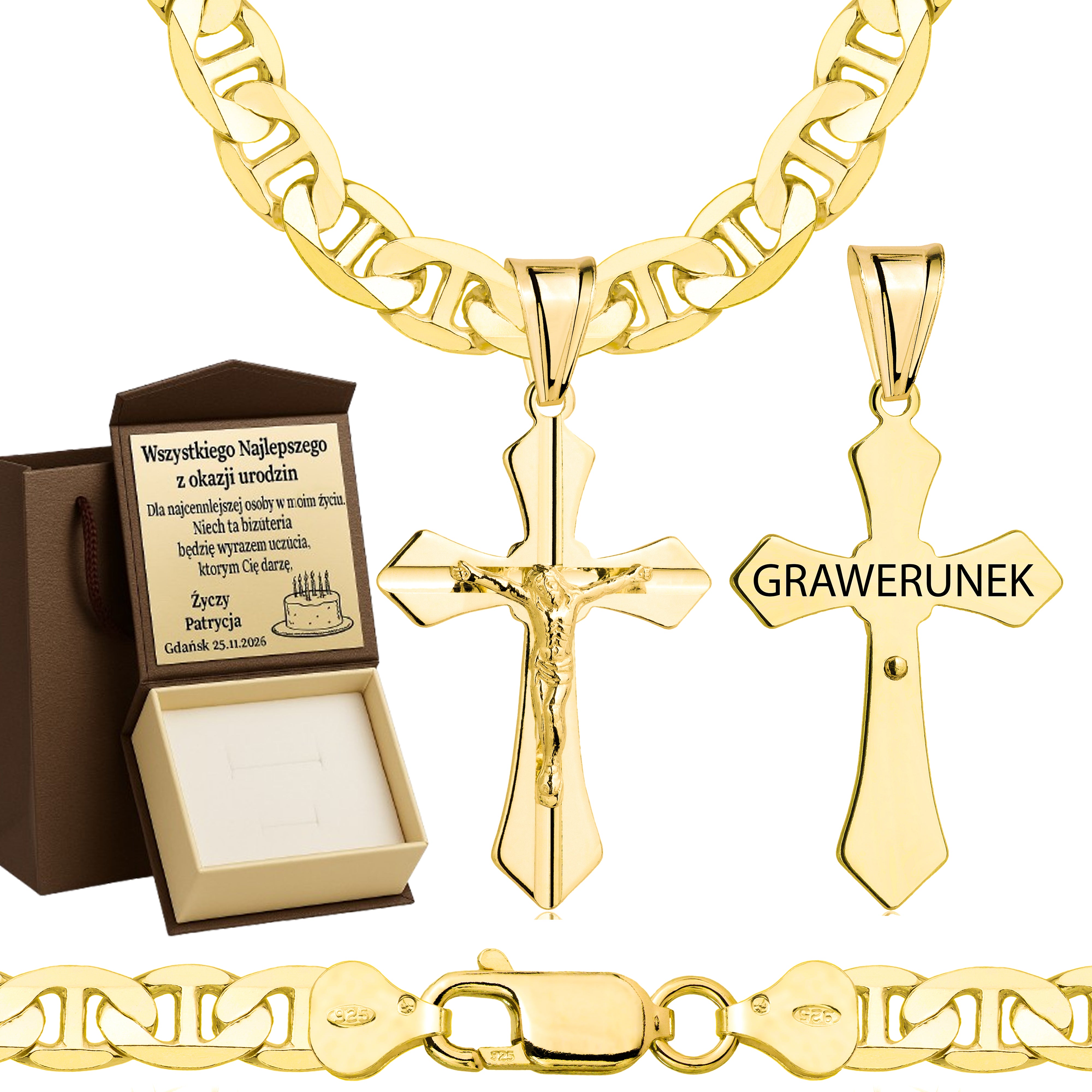 Łańcuszek pozłacany srebrny z krzyżykiem gucci 6,5mm pr. 925