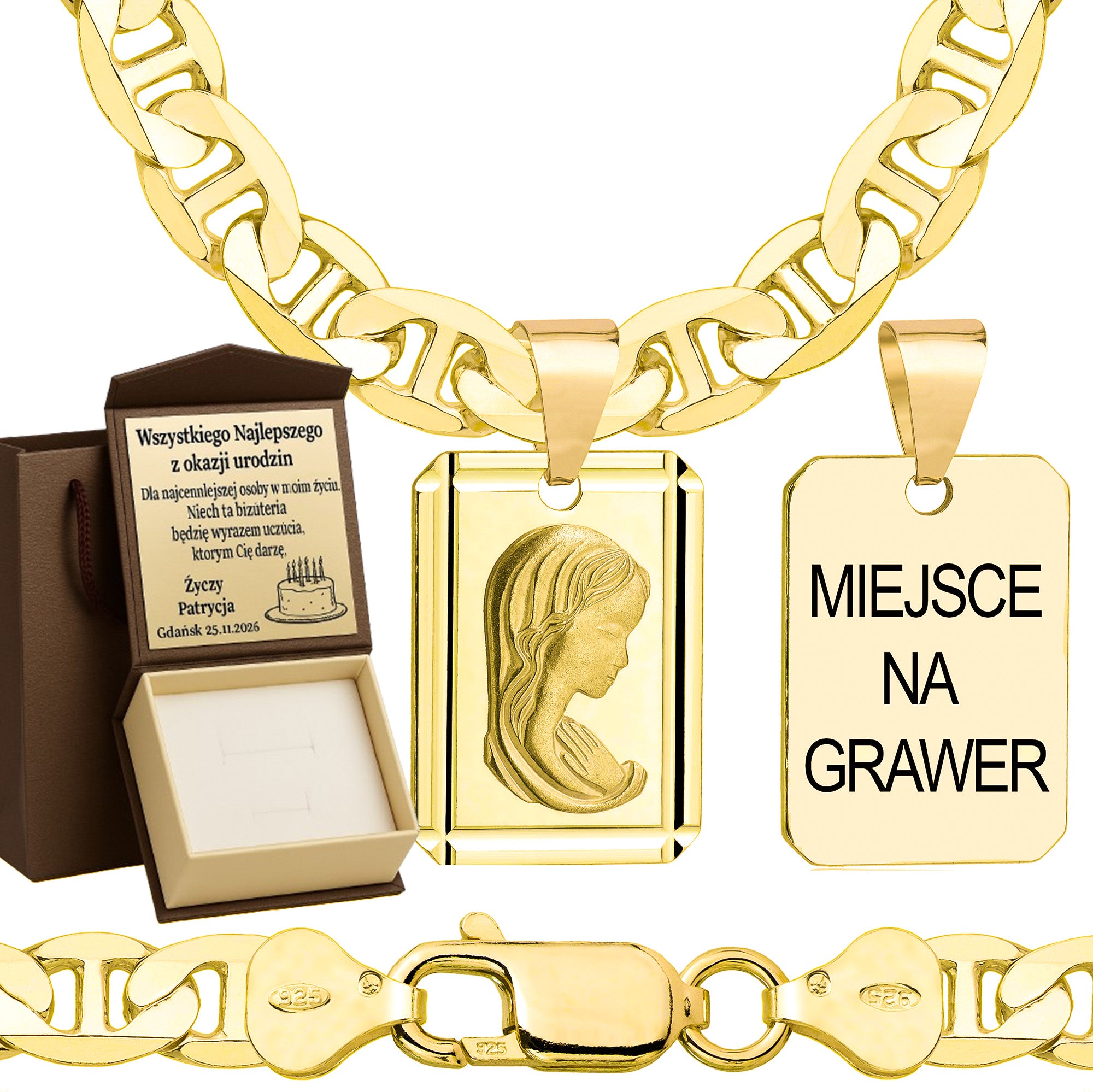 Łańcuszek pozłacany srebrny z medalikiem gucci 6,5mm pr. 925