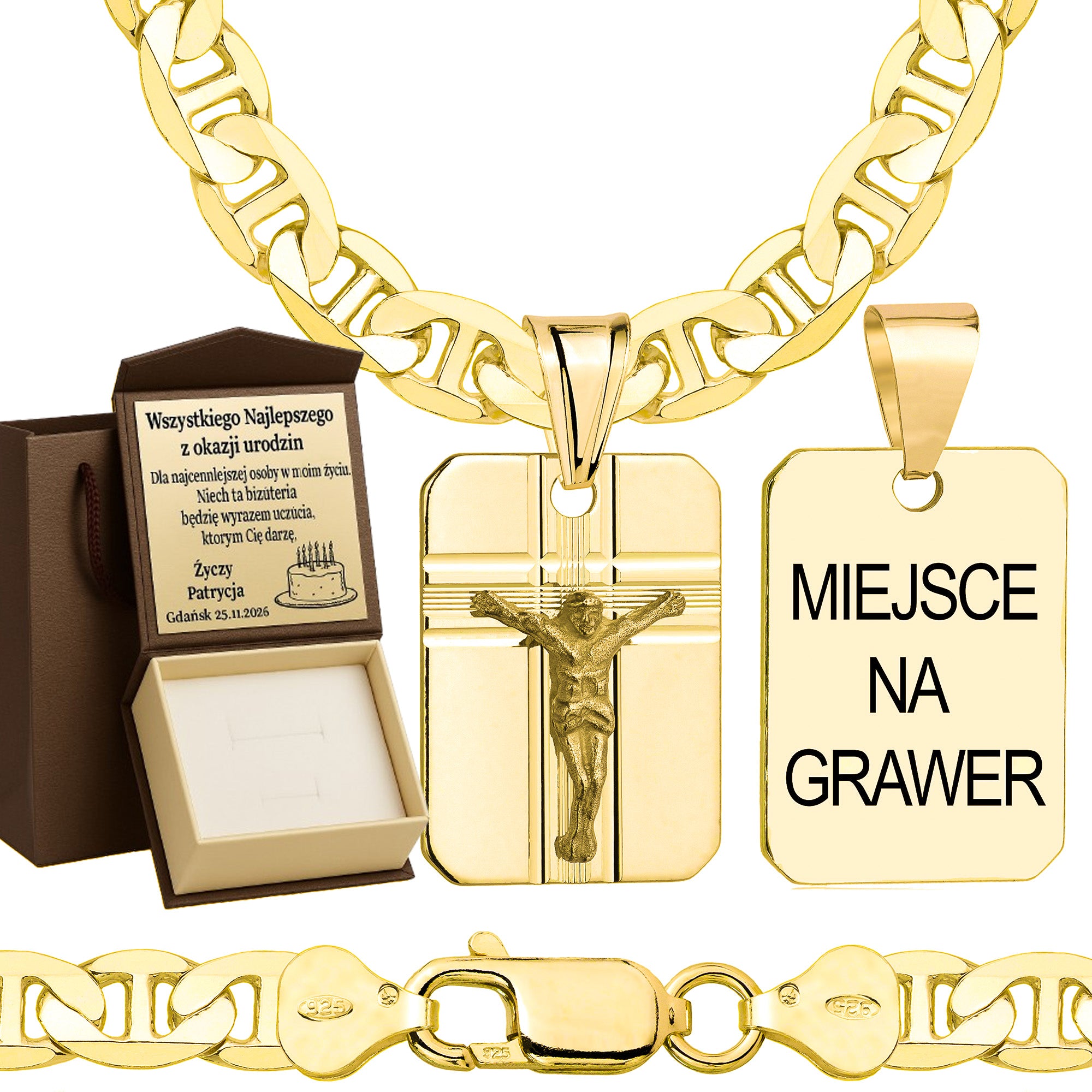 Łańcuszek pozłacany srebrny z medalikiem gucci 6,5mm pr. 925