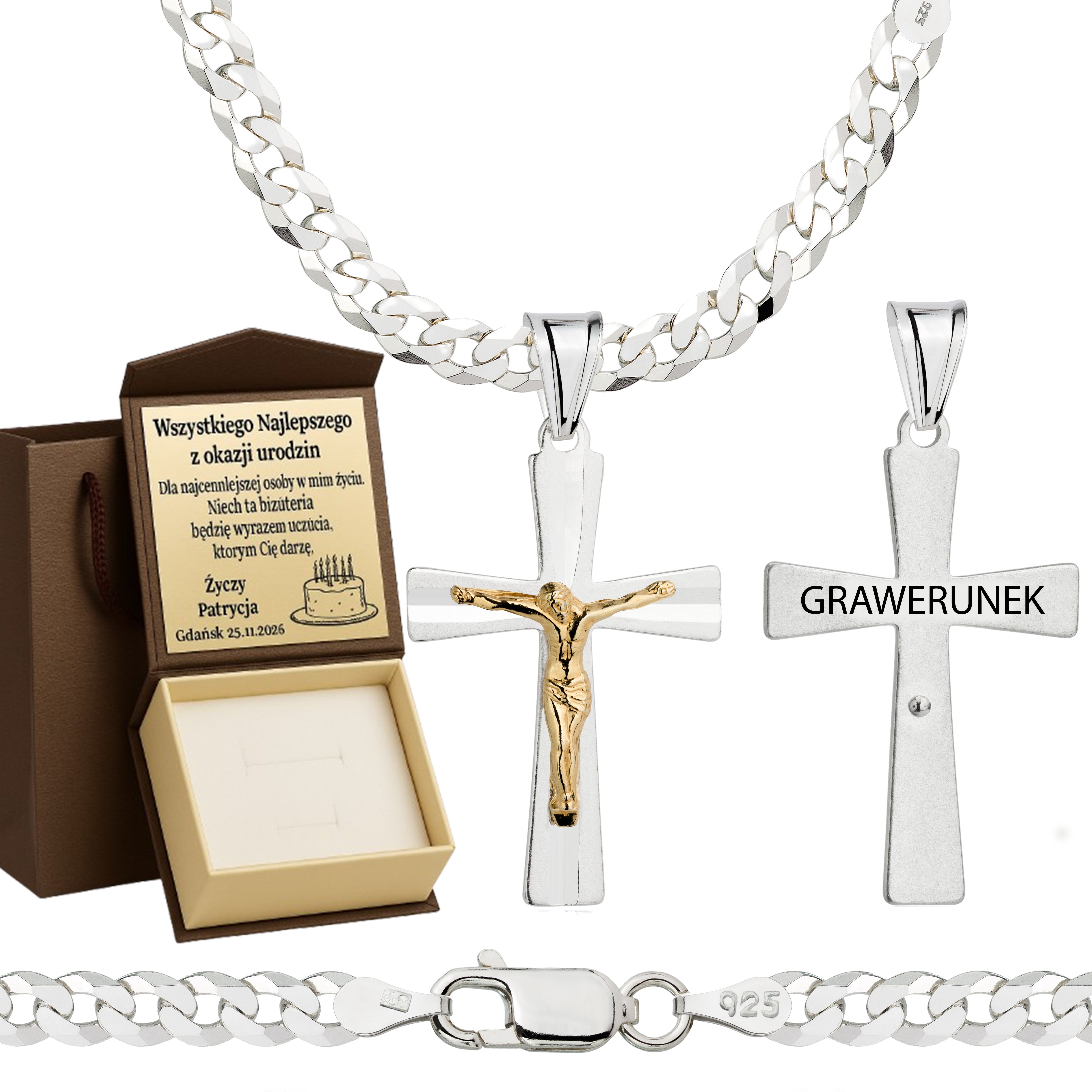 Łańcuszek srebrny z krzyżykiem pancerka 3,8mm pr. 925