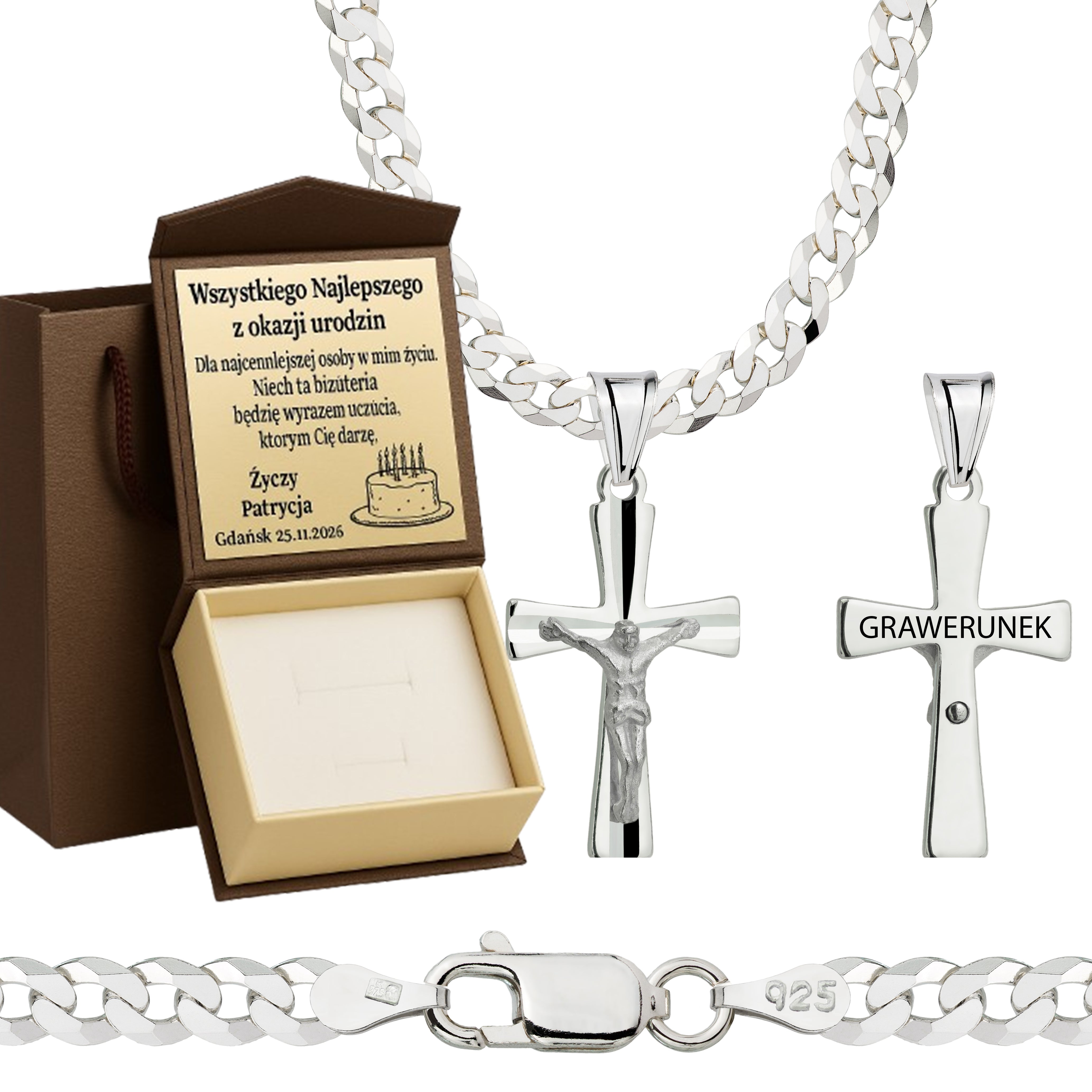 Łańcuszek srebrny z krzyżykiem pancerka 3,8mm pr. 925