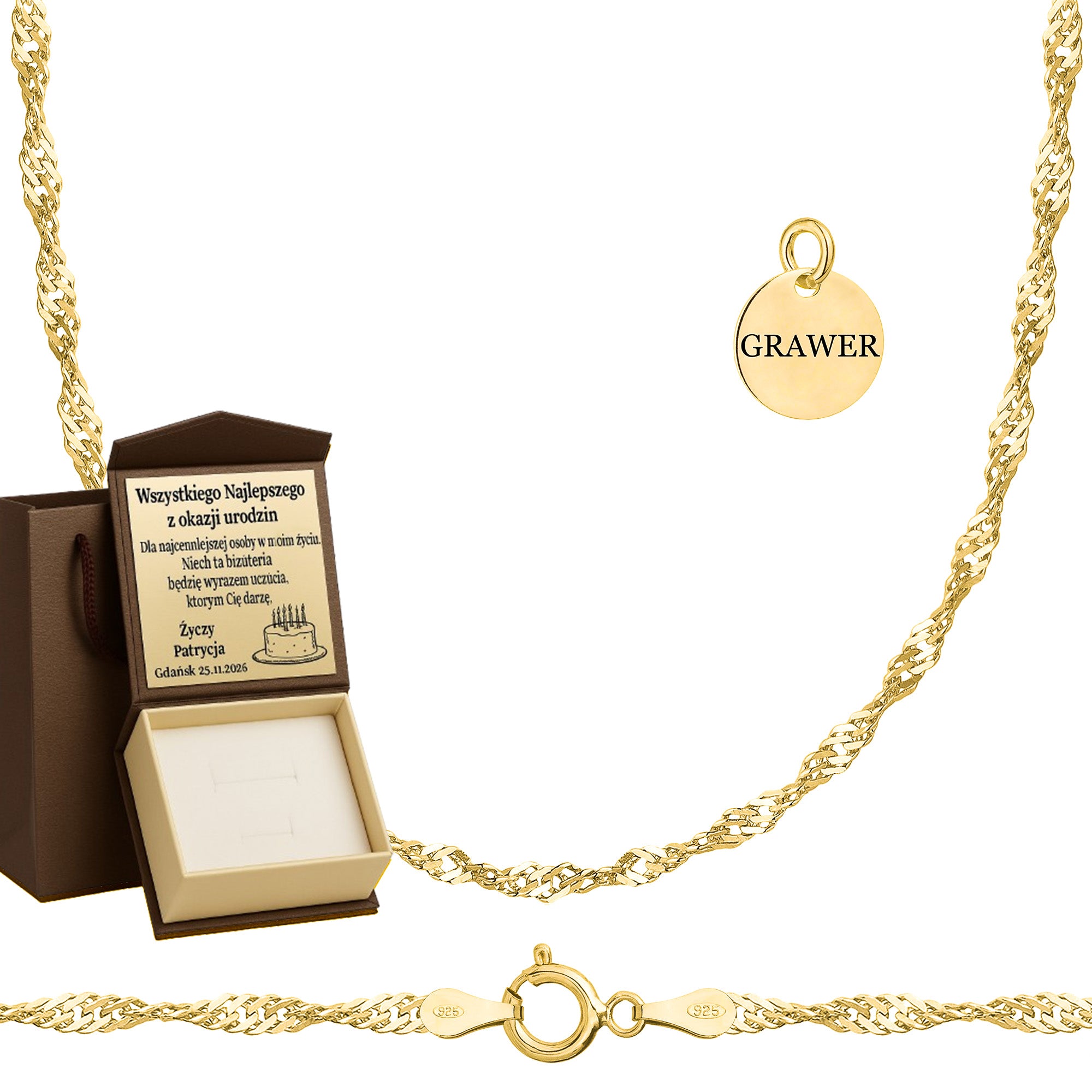 Łańcuszek pozłacany srebrny singapur 3mm pr. 925 585