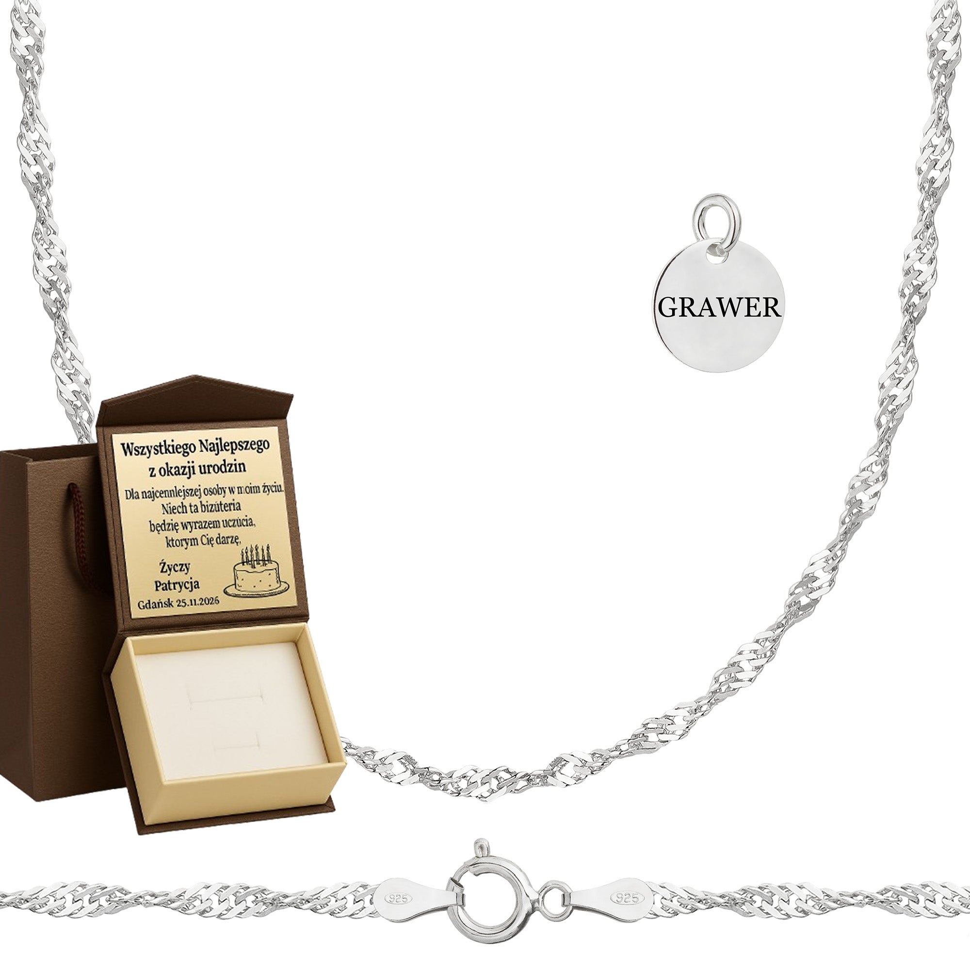 Łańcuszek srebrny singapur 3mm pr. 925