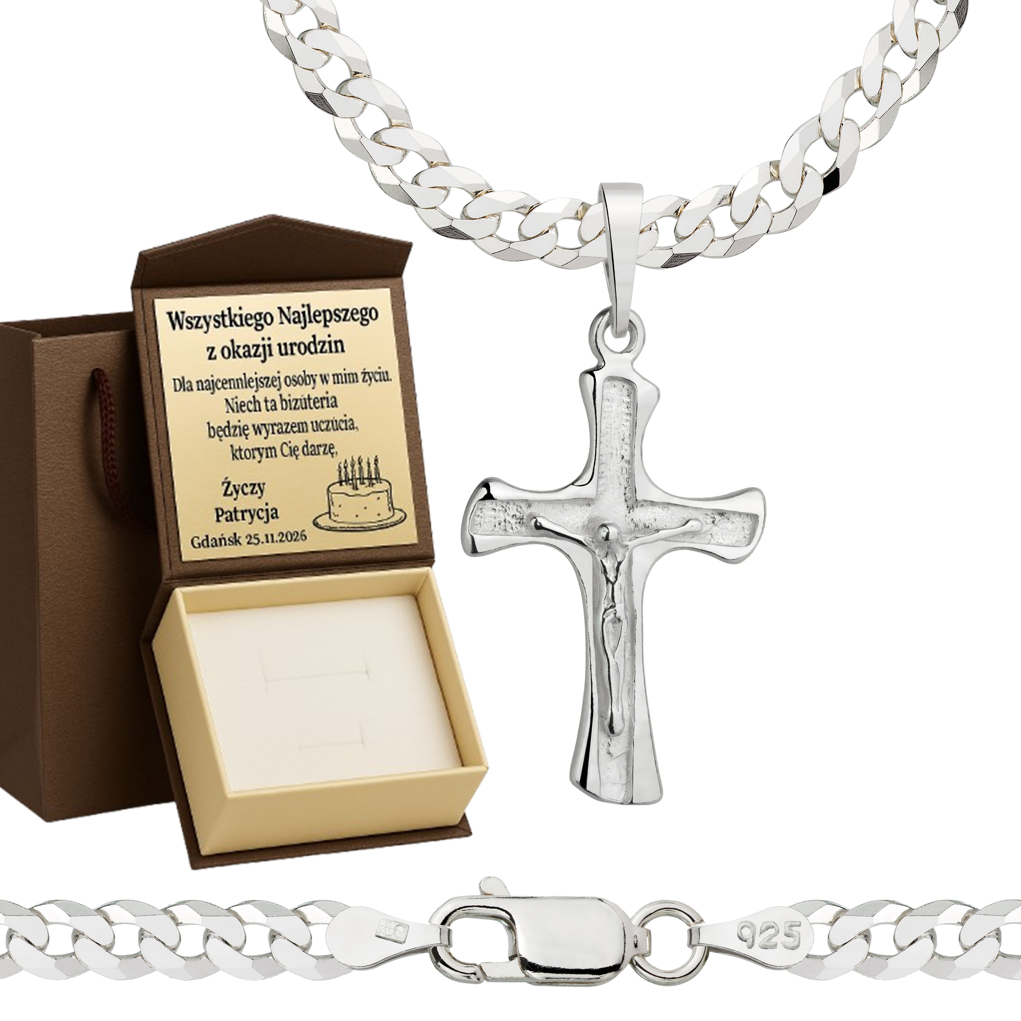 Łańcuszek srebrny z krzyżykiem pancerka 3,8mm pr. 925
