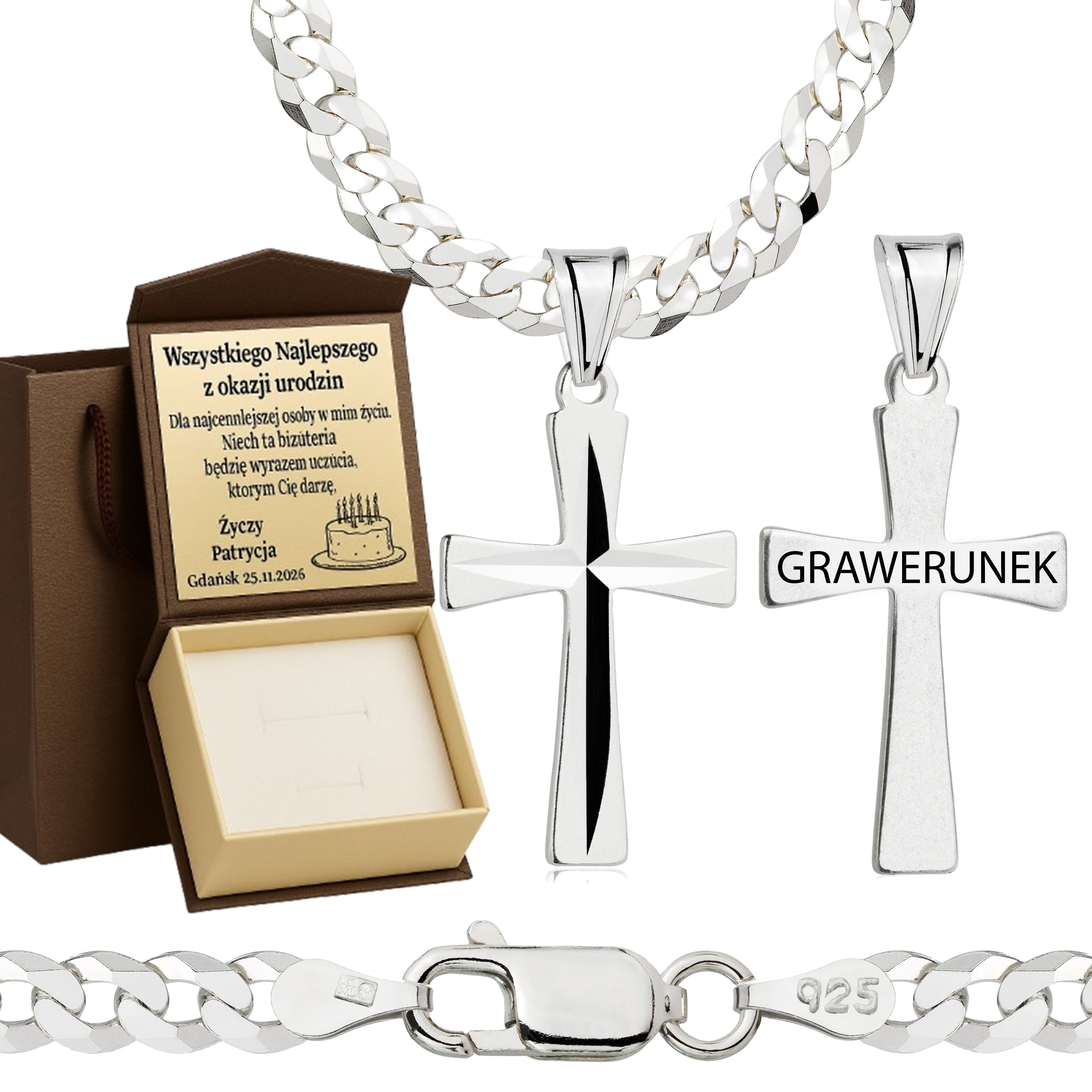 Łańcuszek srebrny z krzyżykiem pancerka 3,8mm pr. 925