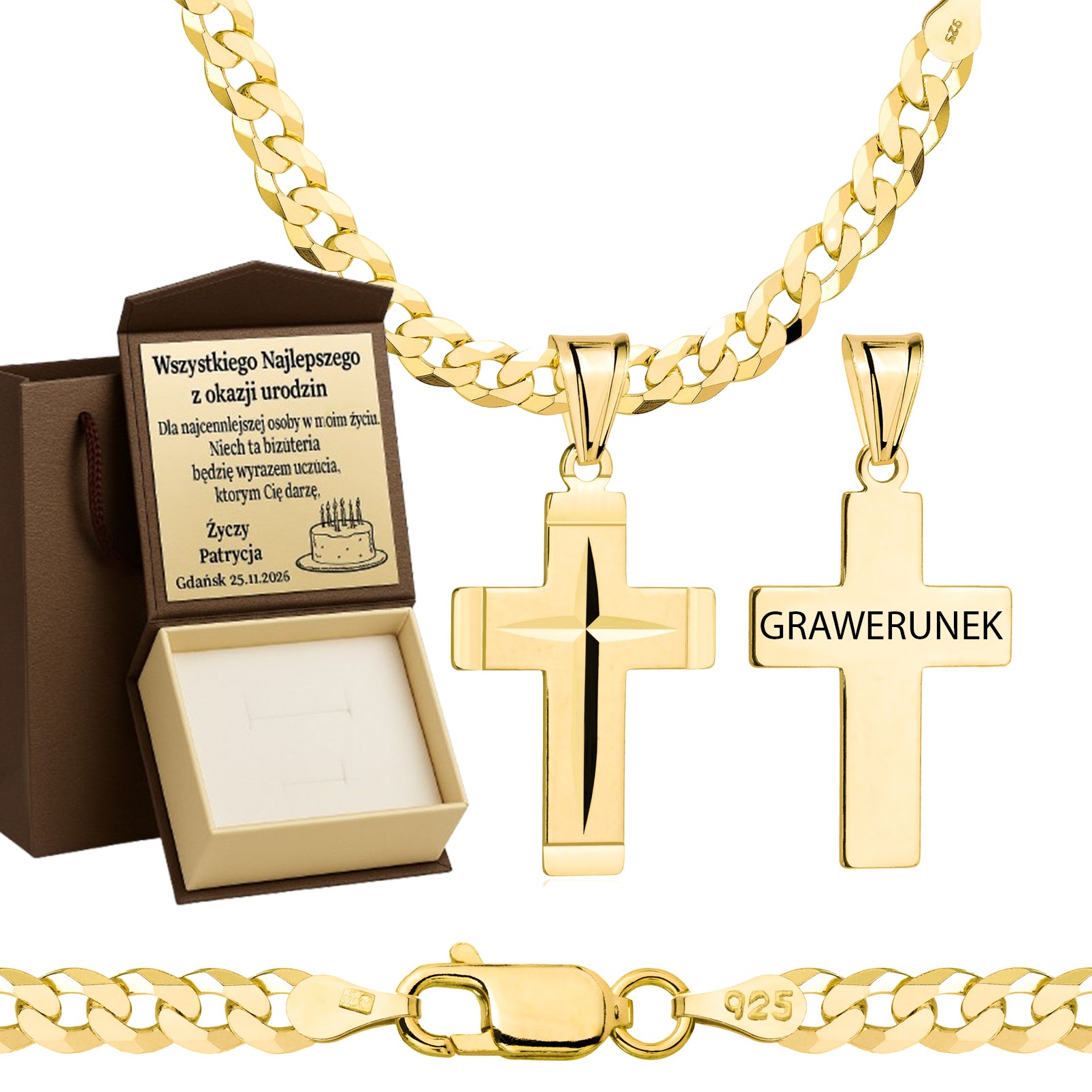 Łańcuszek pozłacany srebrny z krzyżykiem pancerka 2mm pr. 925