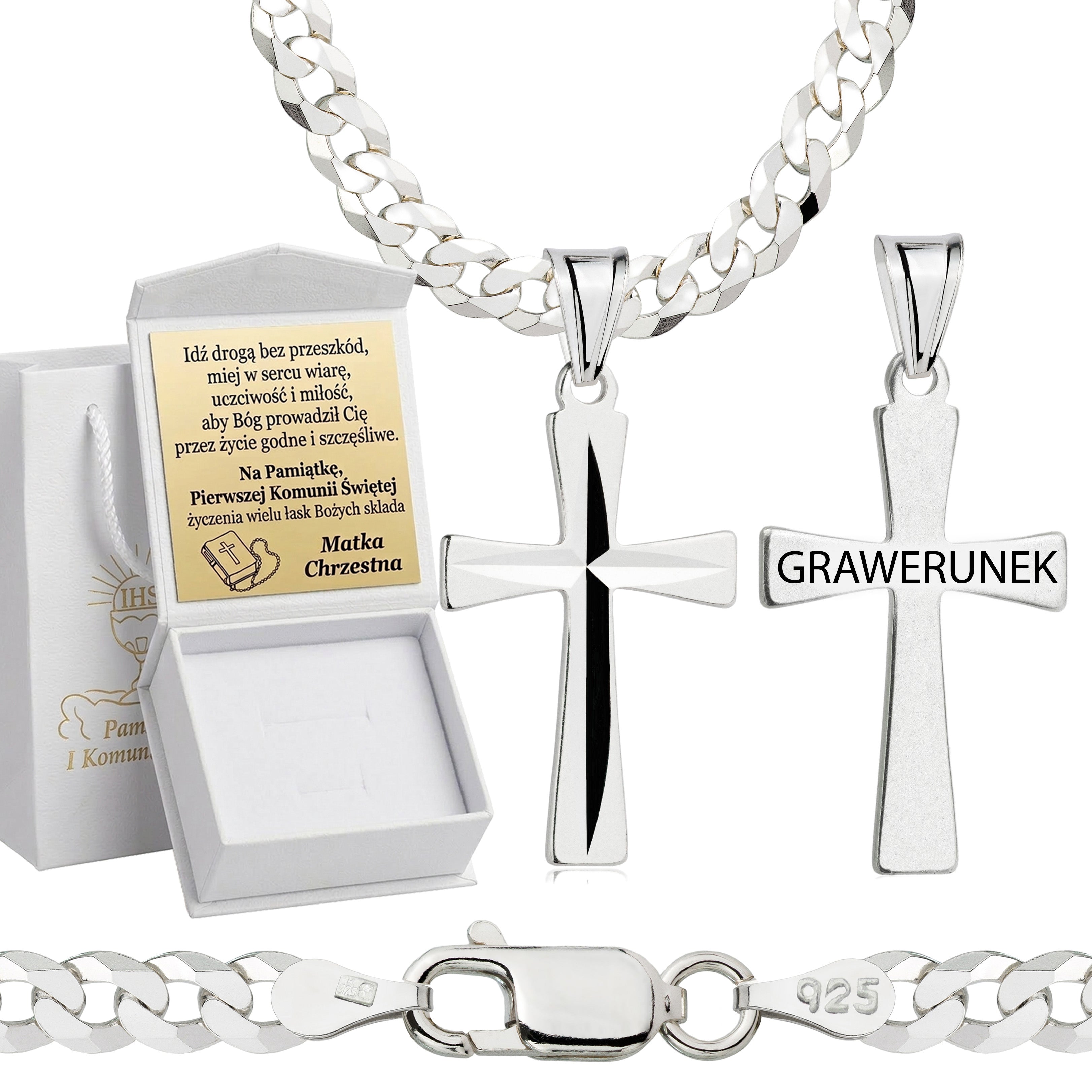 Łańcuszek komunijny srebrny z krzyżykiem pancerka 3,8mm z grawerowanym pudełeczkiem i zawieszką pr. 925