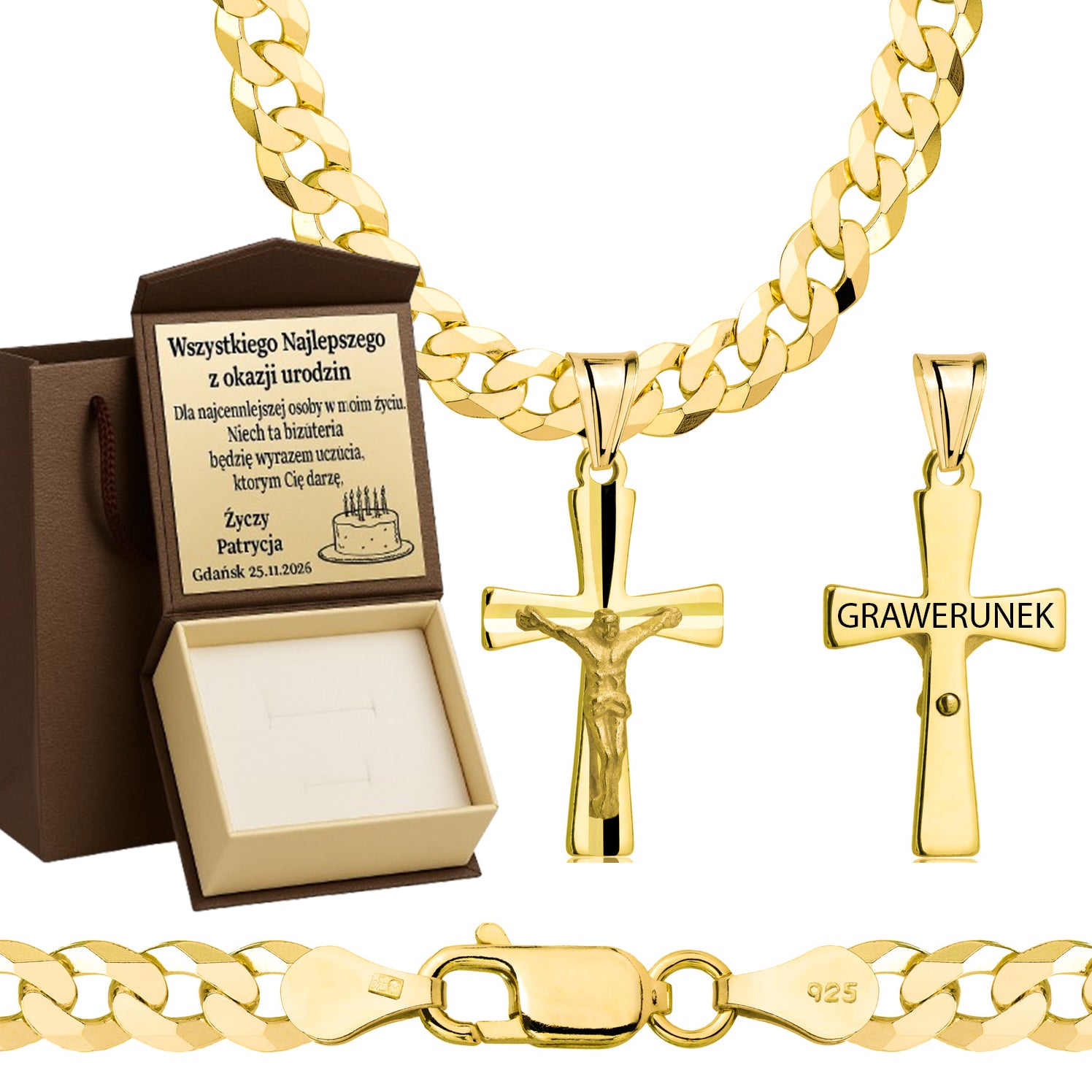 Łańcuszek pozłacany srebrny z krzyżykiem pancerka 5mm pr. 925