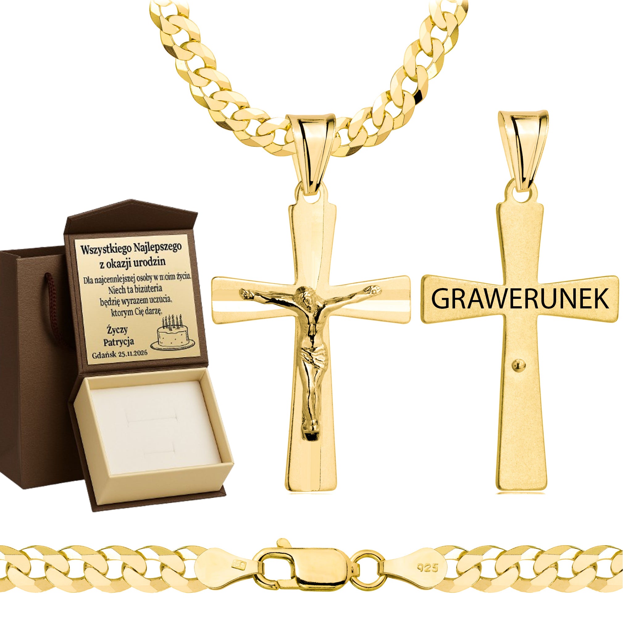Łańcuszek pozłacany srebrny z krzyżykiem pancerka 5mm pr. 925
