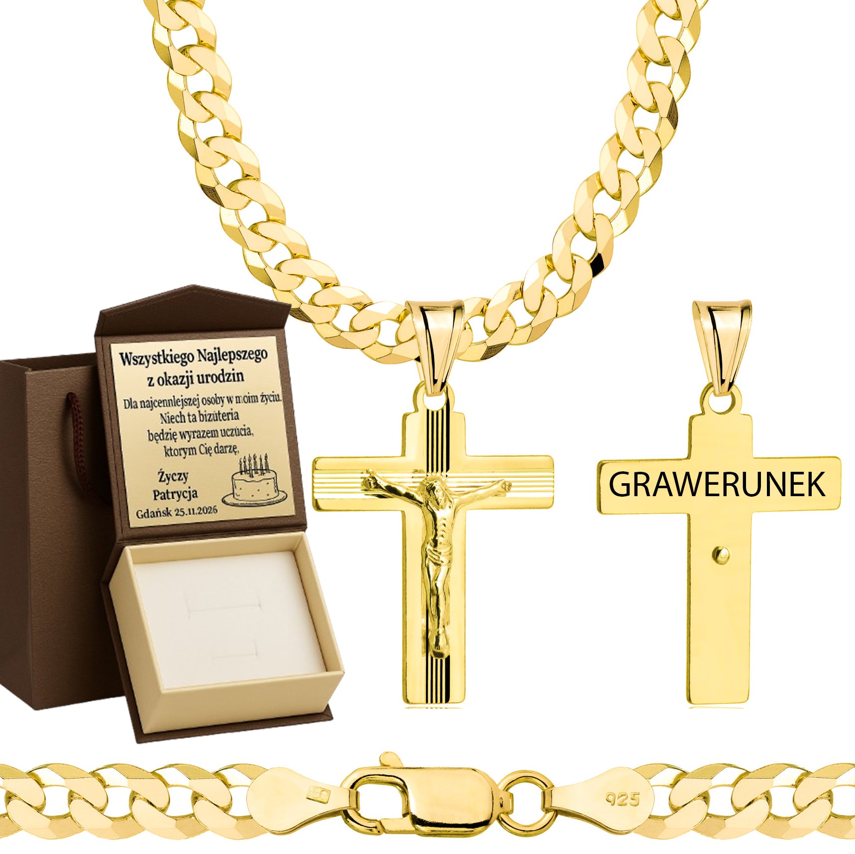 Łańcuszek pozłacany srebrny z krzyżykiem pancerka 5mm pr. 925