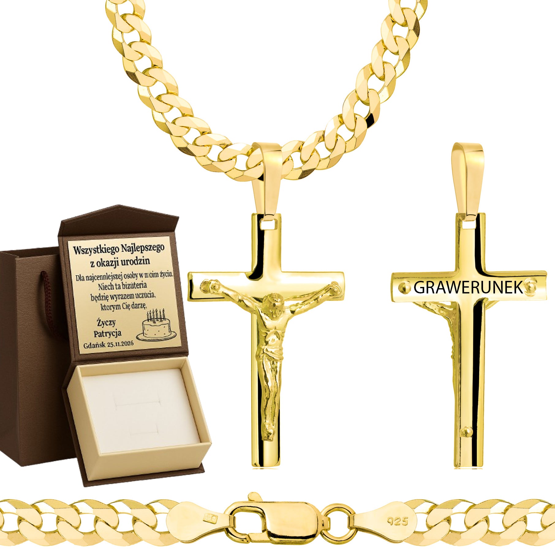 Łańcuszek pozłacany srebrny z krzyżykiem pancerka 5mm pr. 925