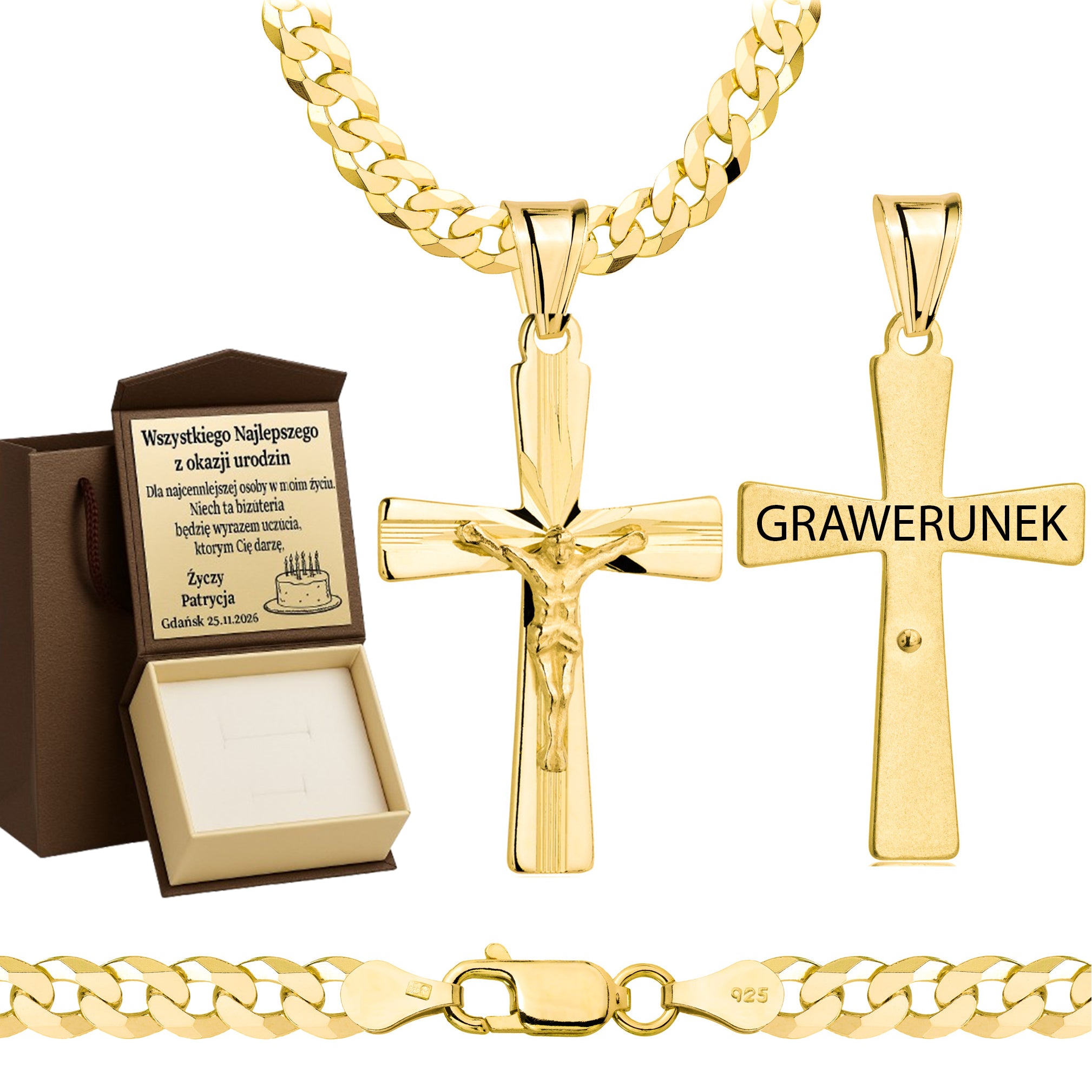 Łańcuszek pozłacany srebrny z krzyżykiem pancerka 5mm pr. 925