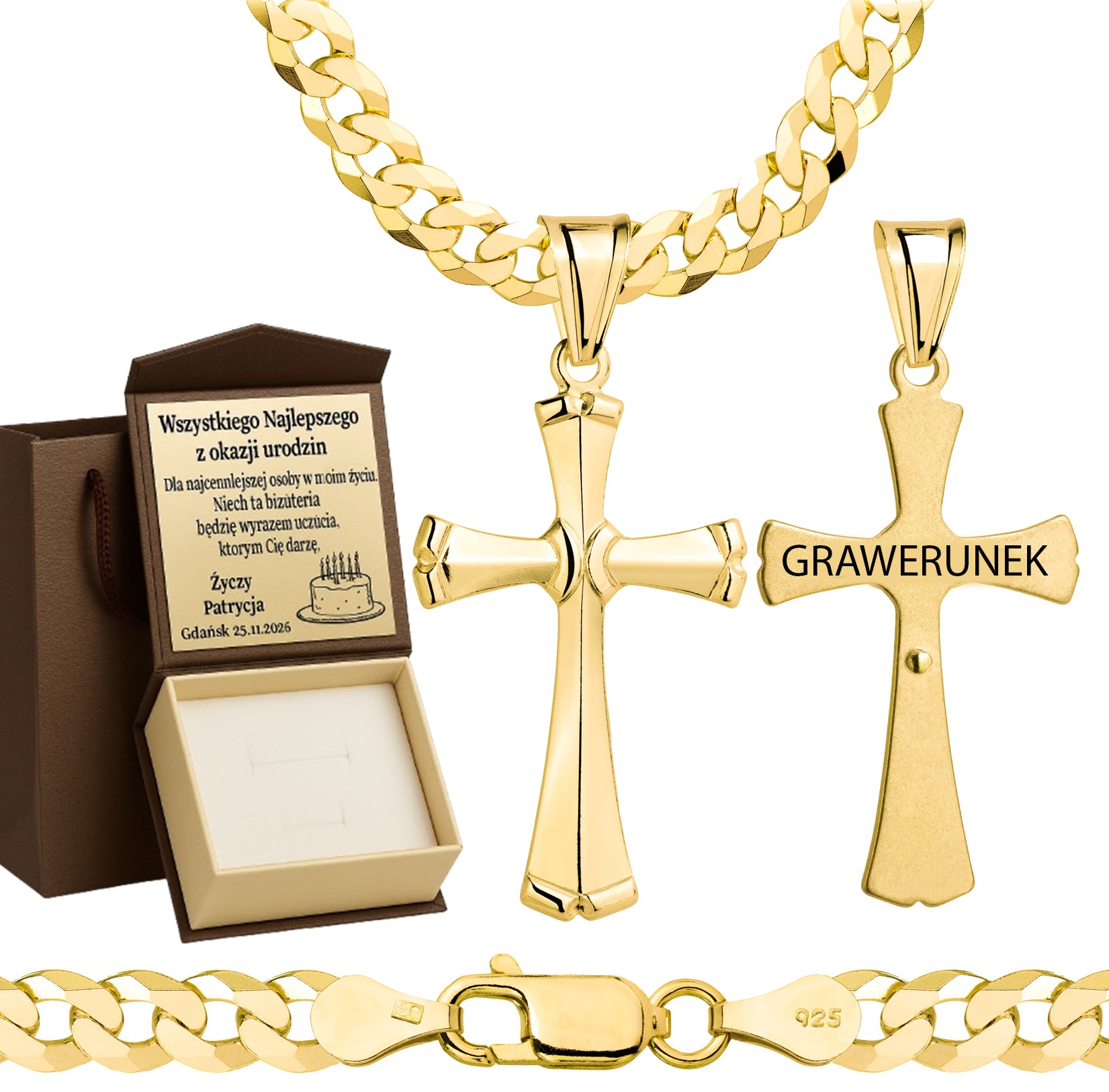 Łańcuszek pozłacany srebrny z krzyżykiem pancerka 5mm pr. 925