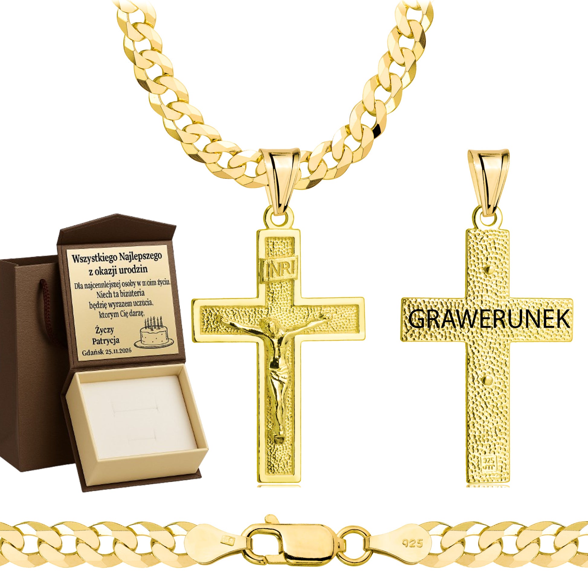 Łańcuszek pozłacany srebrny z krzyżykiem pancerka 5mm pr. 925