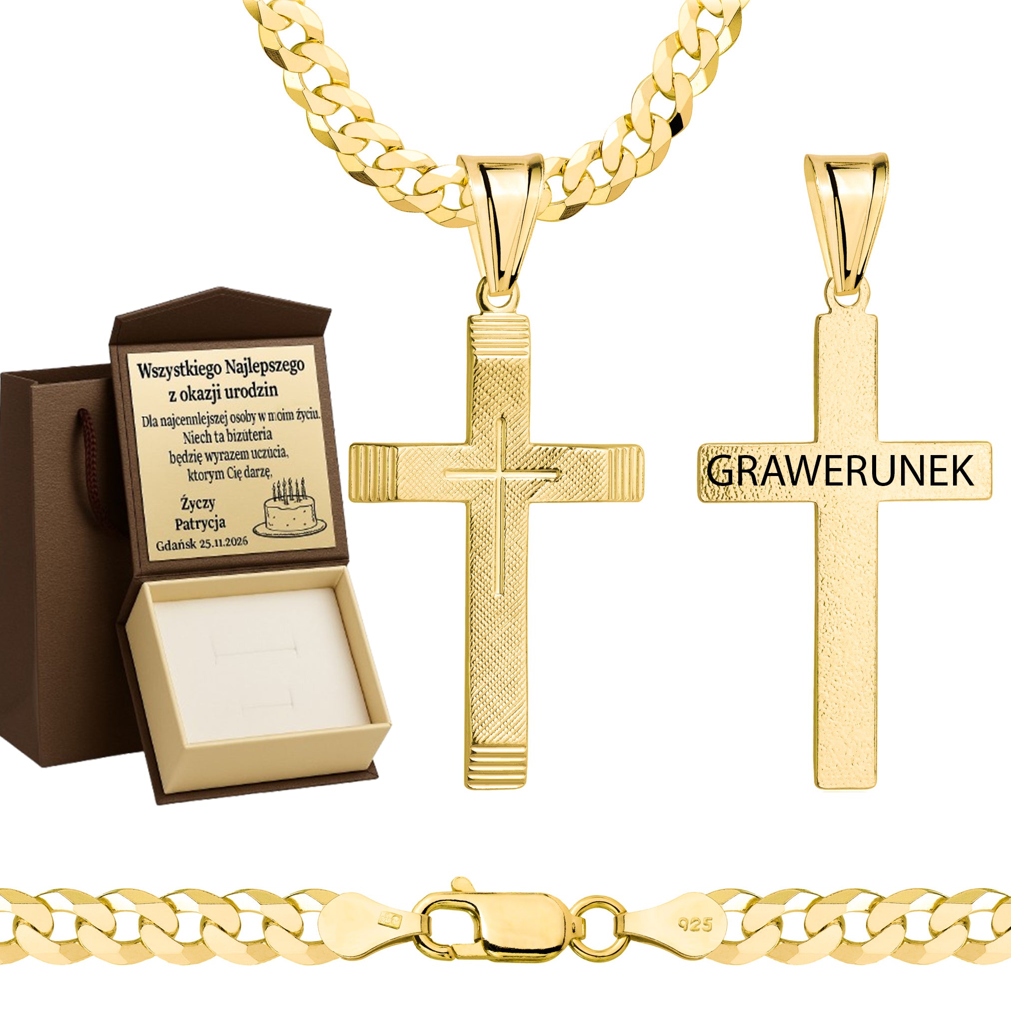 Łańcuszek pozłacany srebrny z krzyżykiem pancerka 5mm pr. 925