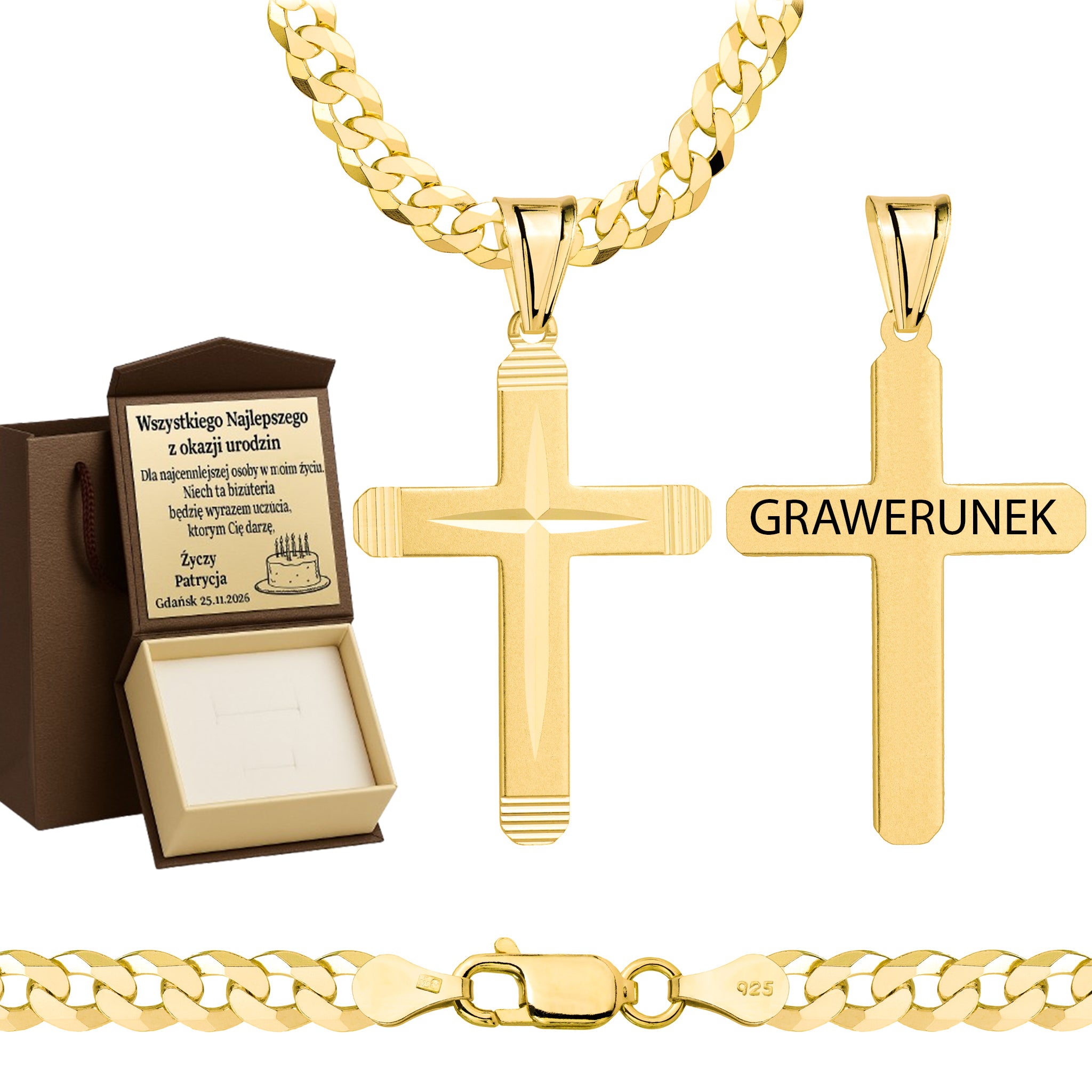 Łańcuszek pozłacany srebrny z krzyżykiem pancerka 5mm pr. 925