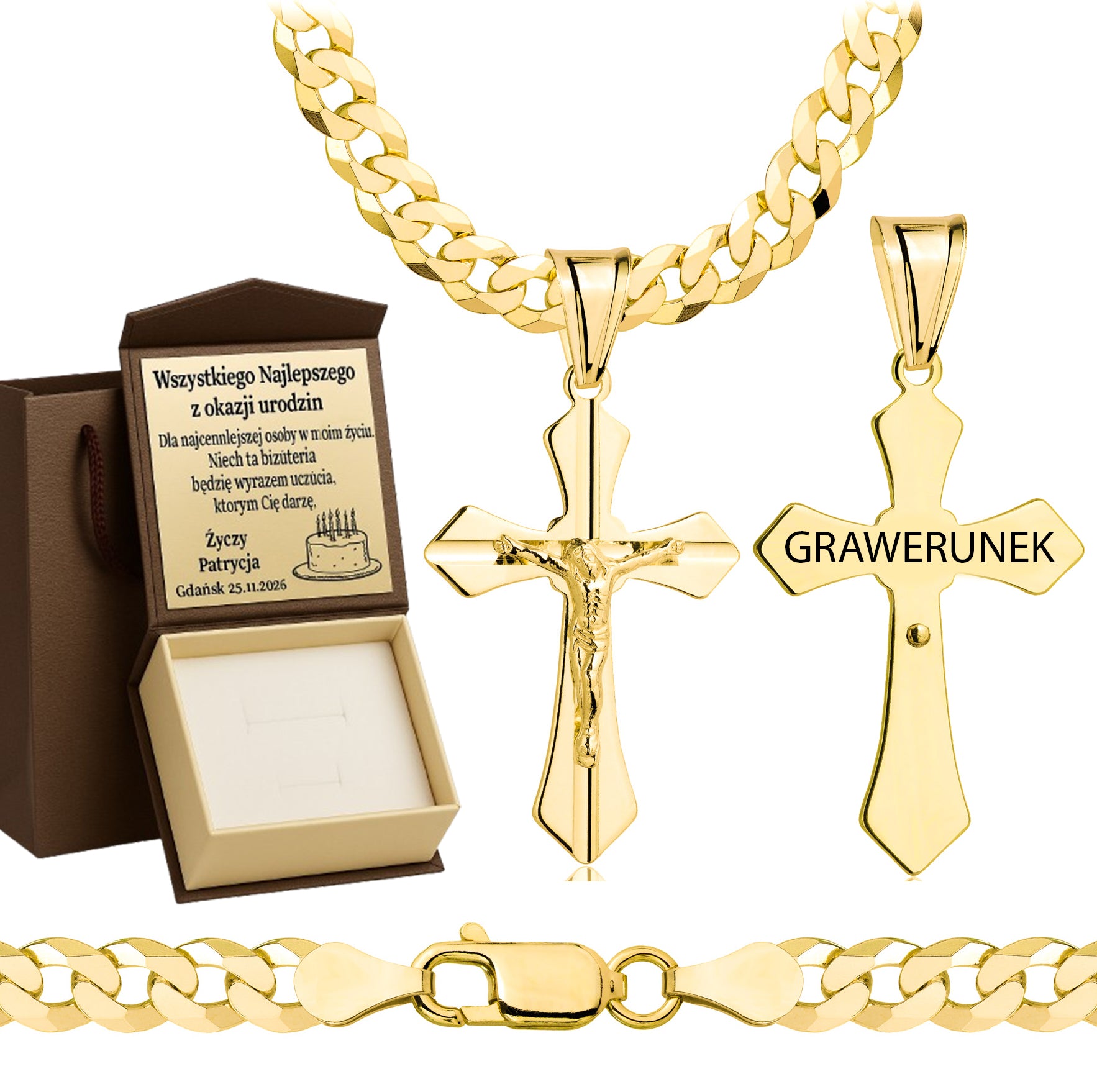 Łańcuszek pozłacany srebrny z krzyżykiem pancerka 5mm pr. 925