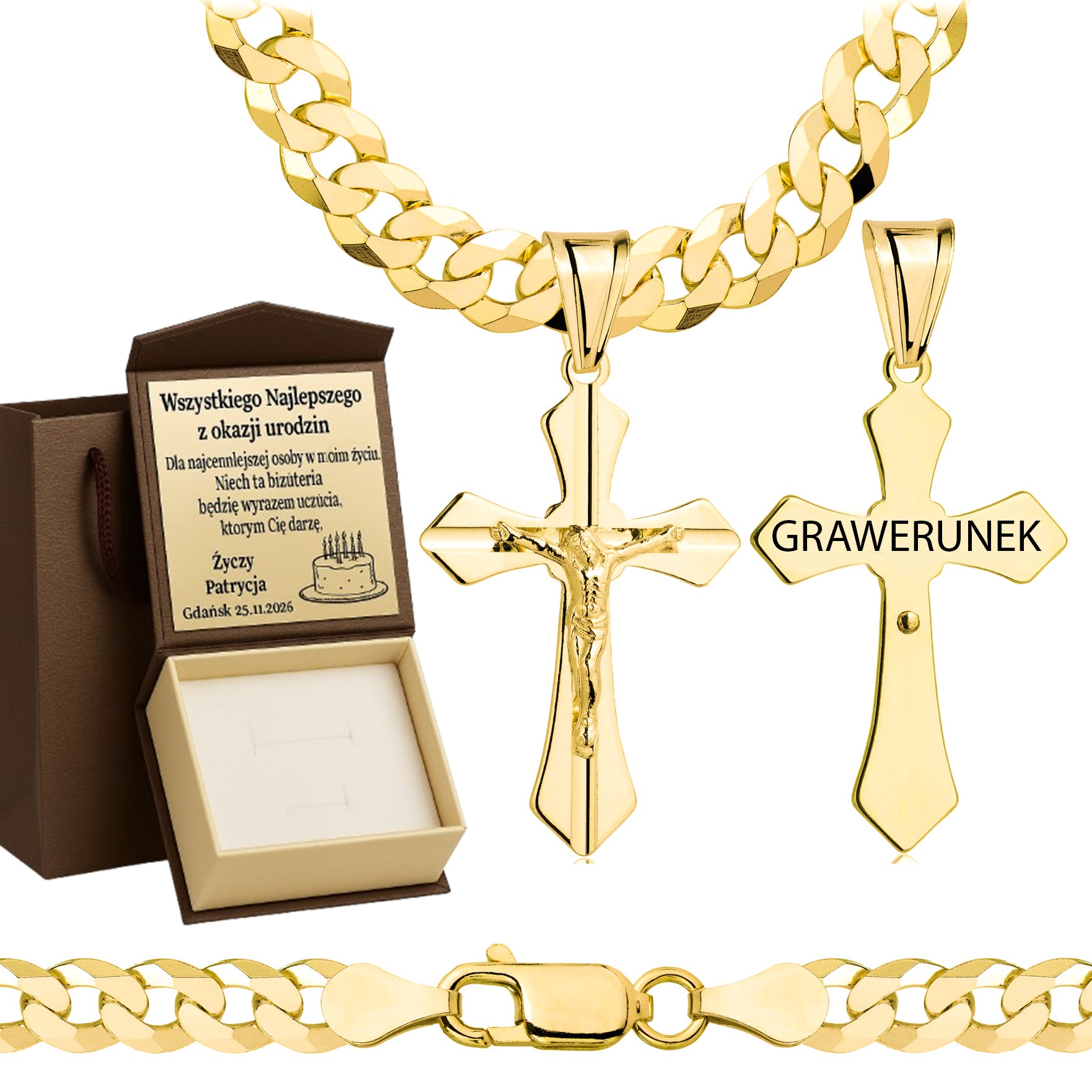 Łańcuszek pozłacany srebrny z krzyżykiem pancerka 6,5mm pr. 925