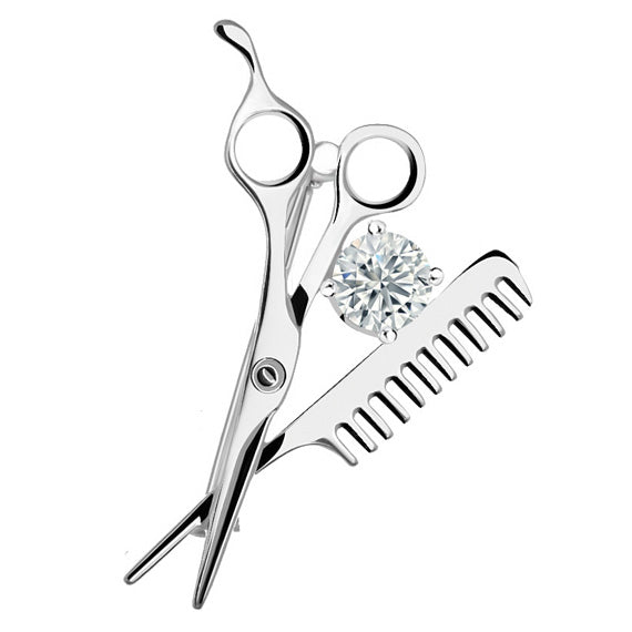 Broszka nożyczki i grzebień biała cyrkonia