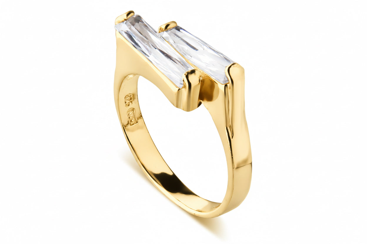 Pierścionek z prostokątnymi cyrkoniami srebro pozłacane