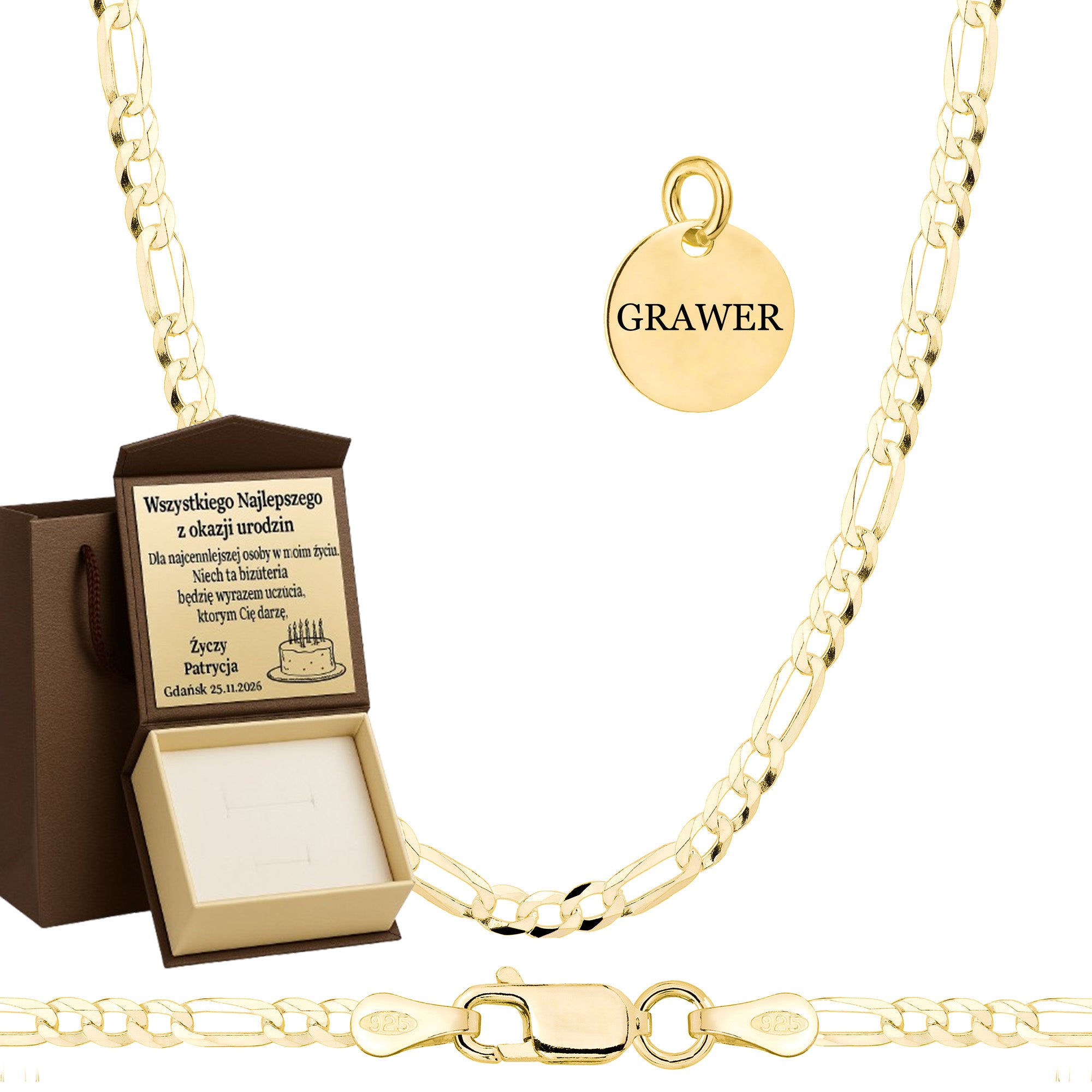 Łańcuszek pozłacany srebrny figaro 2,3 mm pr. 925