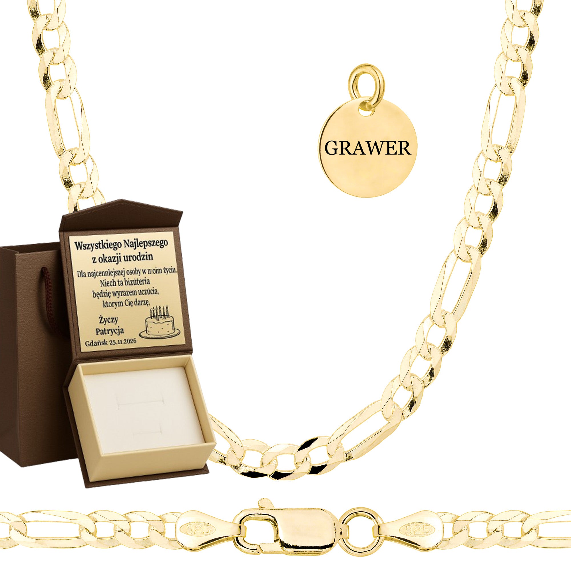 Łańcuszek pozłacany srebrny figaro 3,5 mm pr. 925