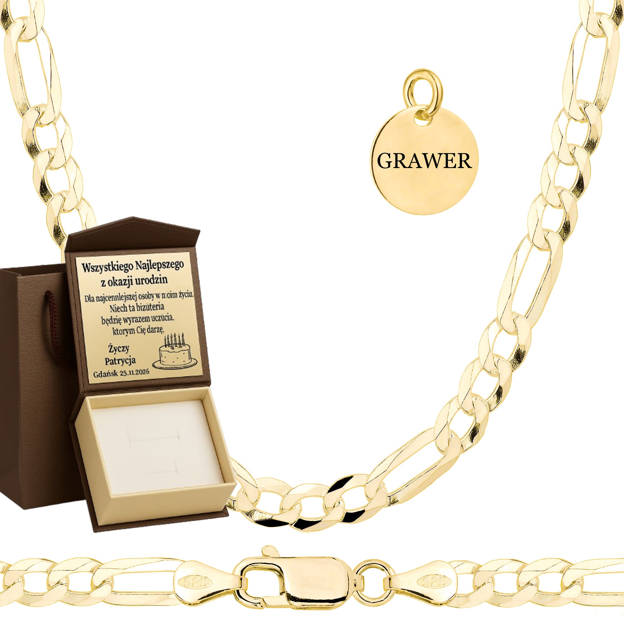 Łańcuszek pozłacany srebrny figaro 7 mm pr. 925