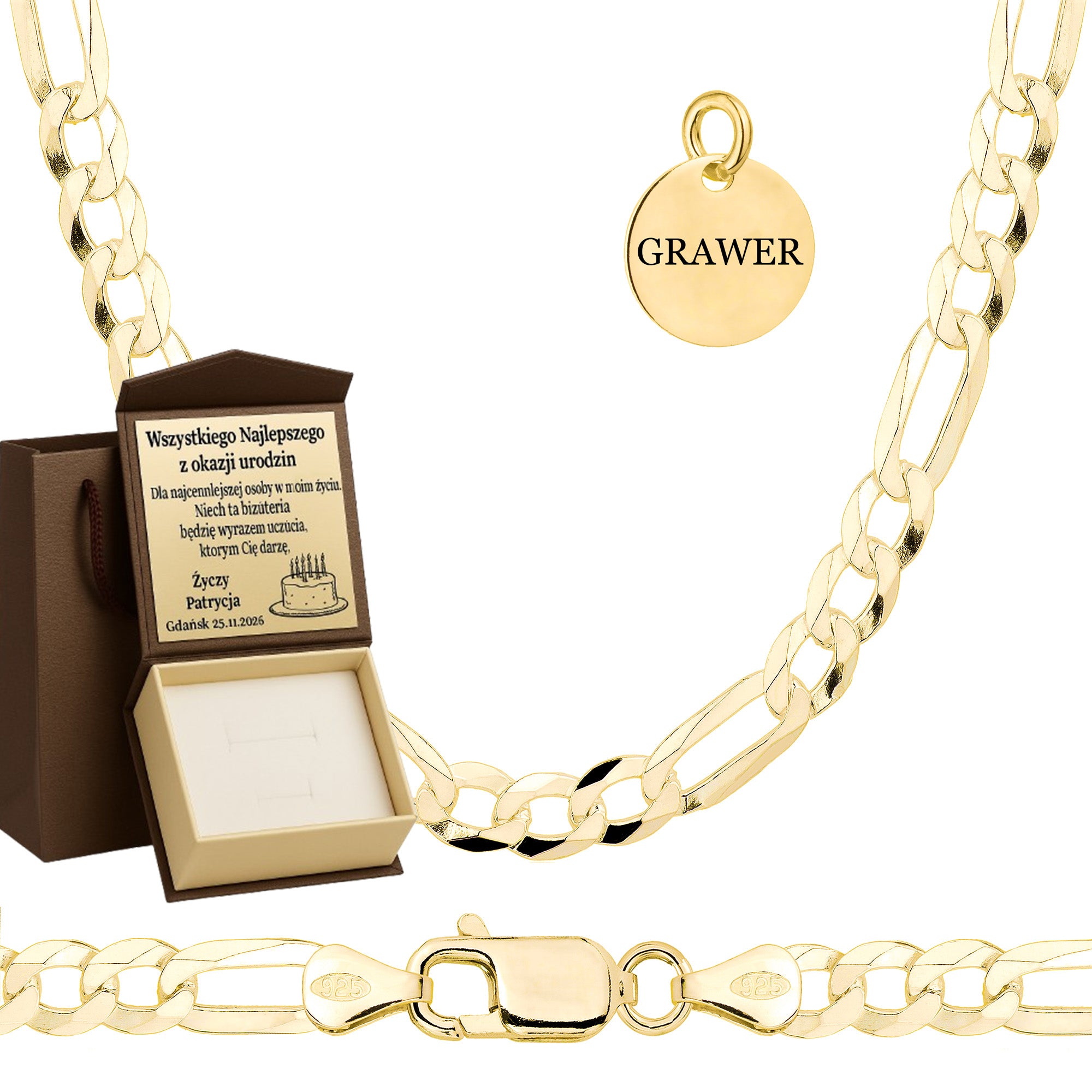 Łańcuszek pozłacany srebrny figaro 8 mm pr. 925