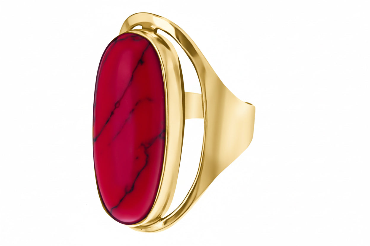 Wysoki pierścionek z 3cm kamieniem - koralem srebro pozłacane