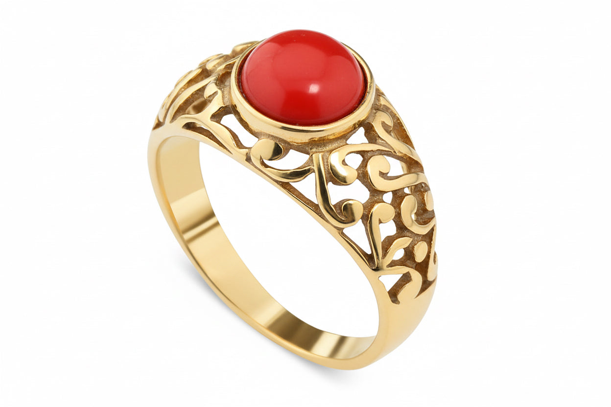 PIERŚCIONEK SREBRNY AŻUROWY KAMIEŃ KORAL 925